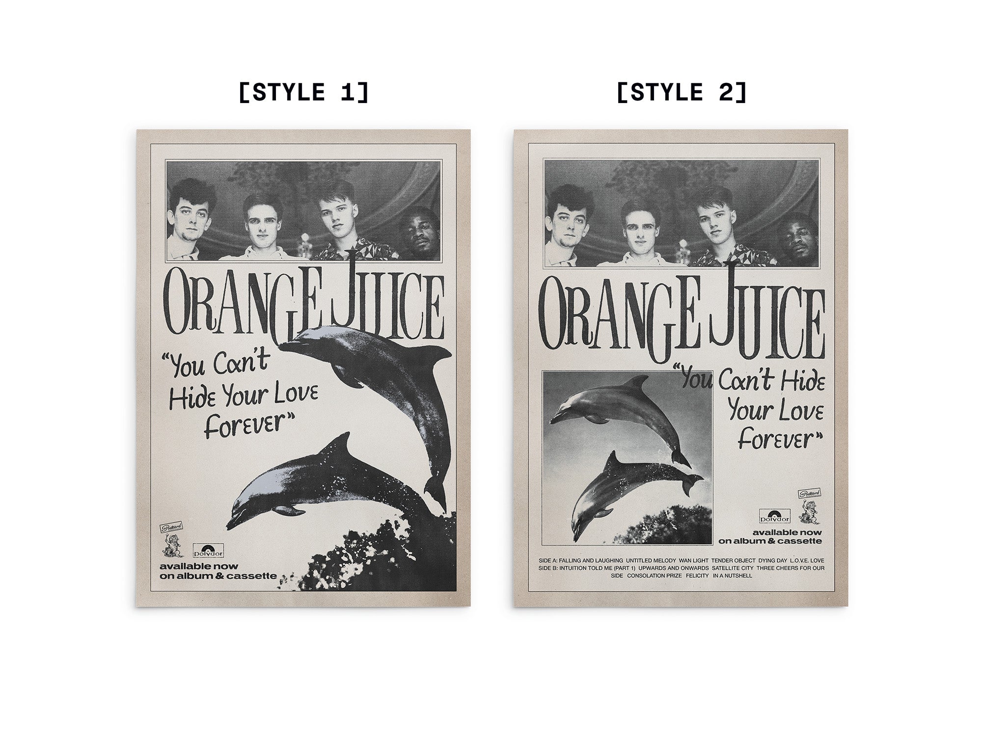 Two versions of an 'Orange Juice' album poster with dolphins and text.