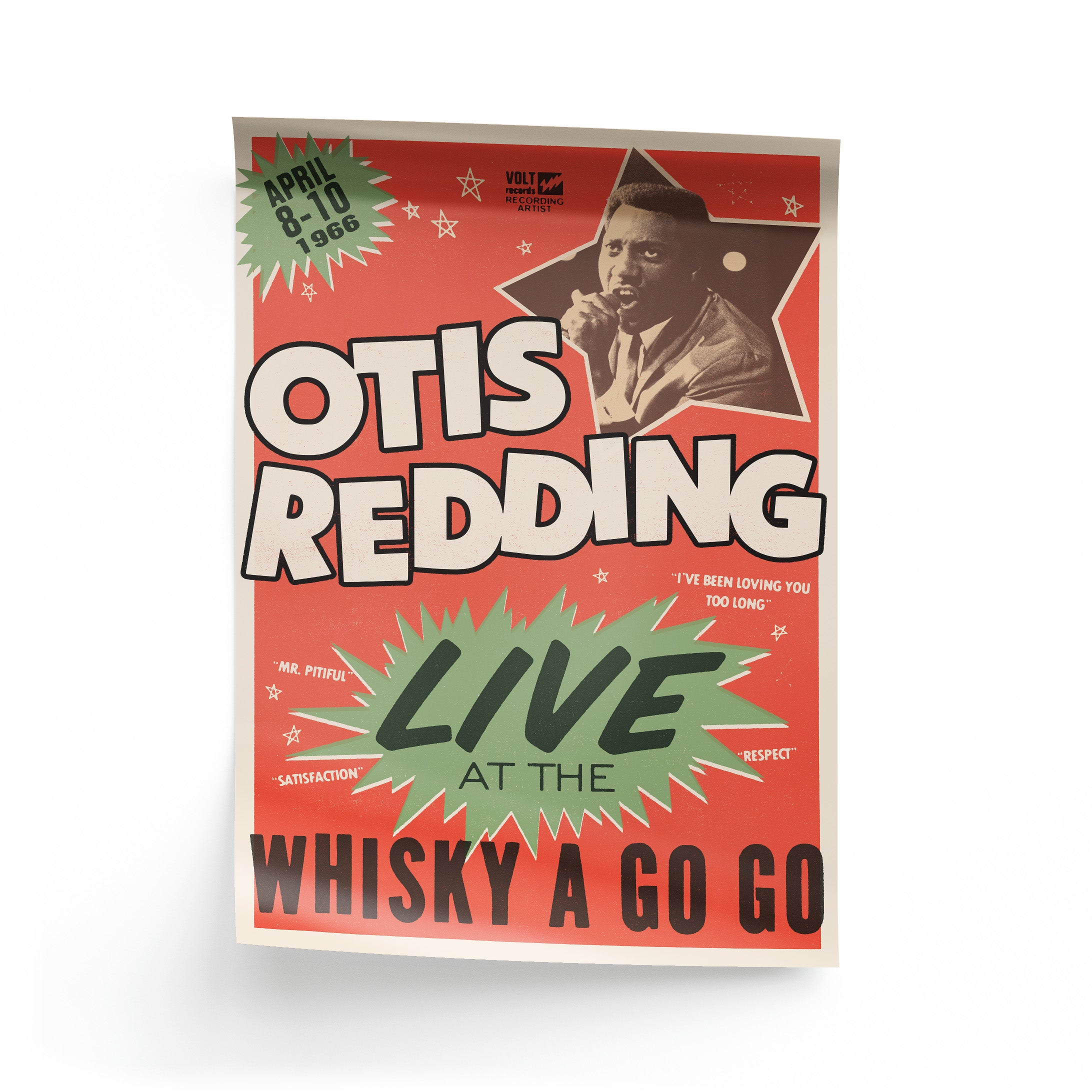 Poster for Otis Redding's live performance at the Whisky A Go Go with a red background and star design.