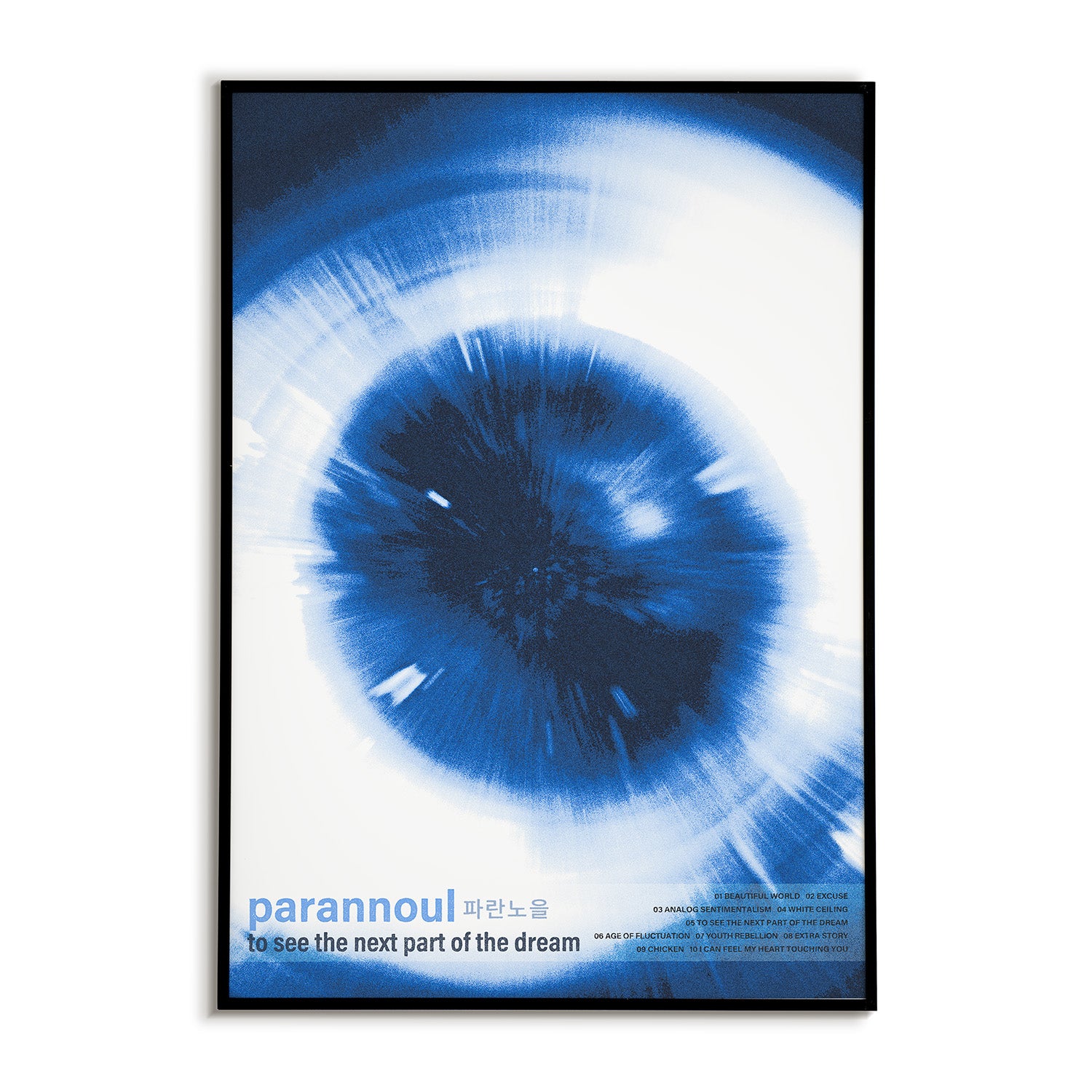 abstract blue and white iris design with text 'Parannoul, To See the Next Part of the Dream' alongside the full track list.