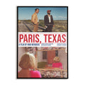 Movie poster for 'Paris, Texas' with two men on a railway track and a woman looking in a mirror.