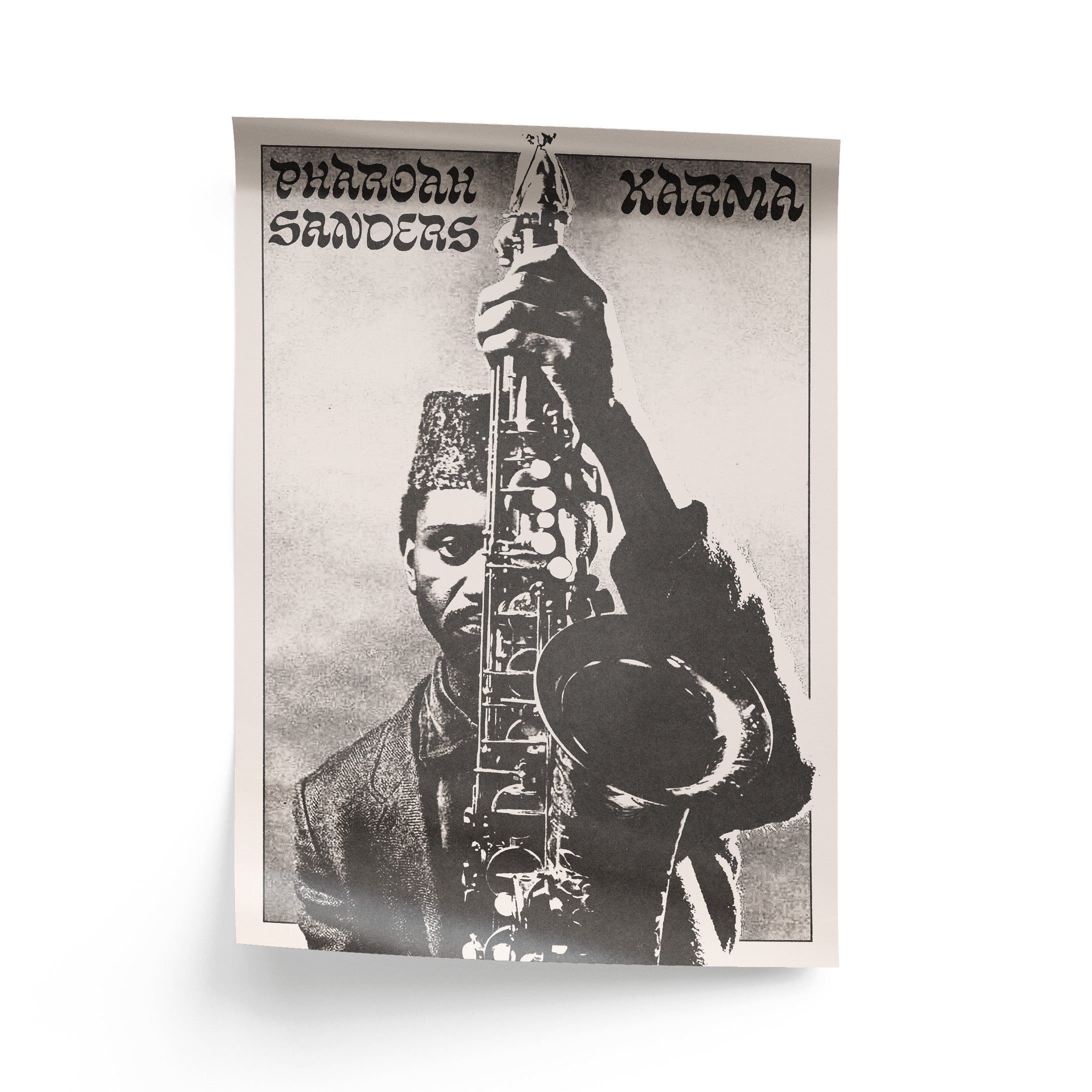 Black and white poster of a saxophonist with text on a light gray background
