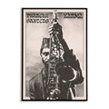 Black and white poster of a saxophonist holding a saxophone with text above his head.