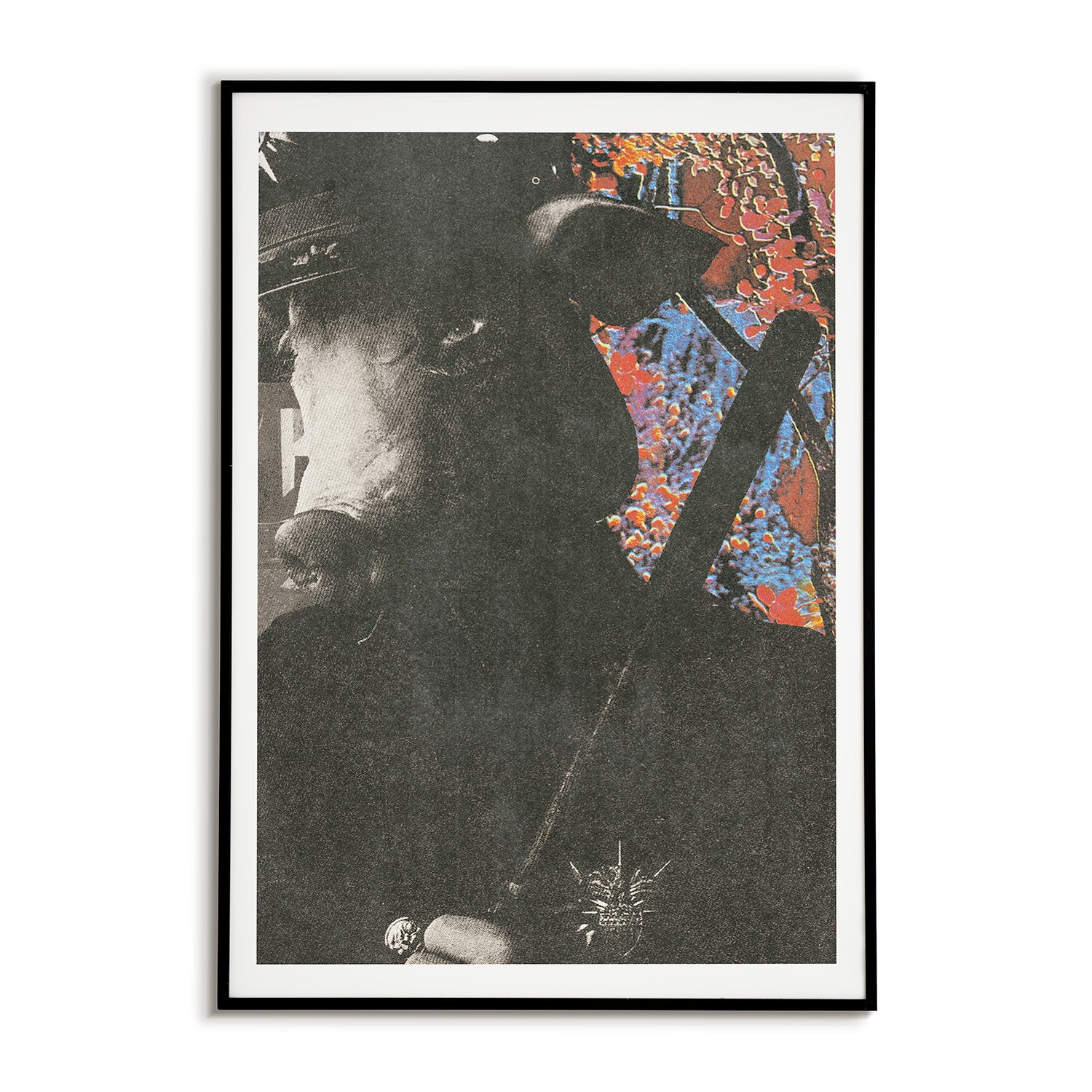 Framed artwork of a cop in a pig mask with a colorful abstract forest design on a white background