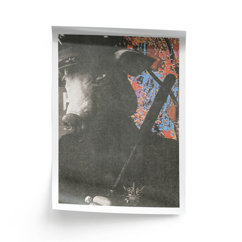 Framed artwork with a black and white portrait and colorful abstract elements.