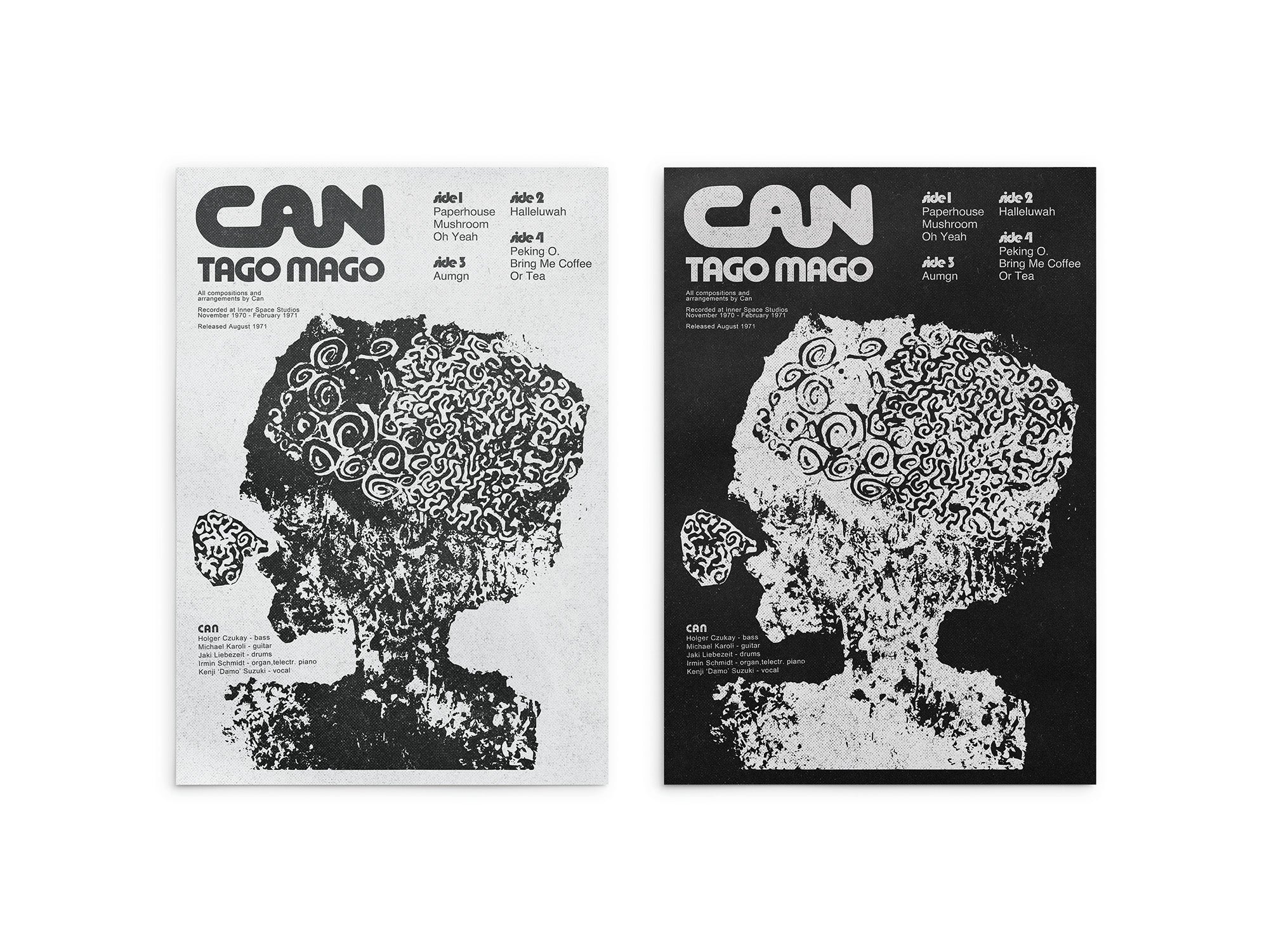 Two black and white album covers with abstract designs and 'CAN' branding on a white background.