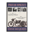 Poster for Prefab Sprout's 'Steve McQueen' with an image of a motorcycle and band members alongside the title and tracklist.