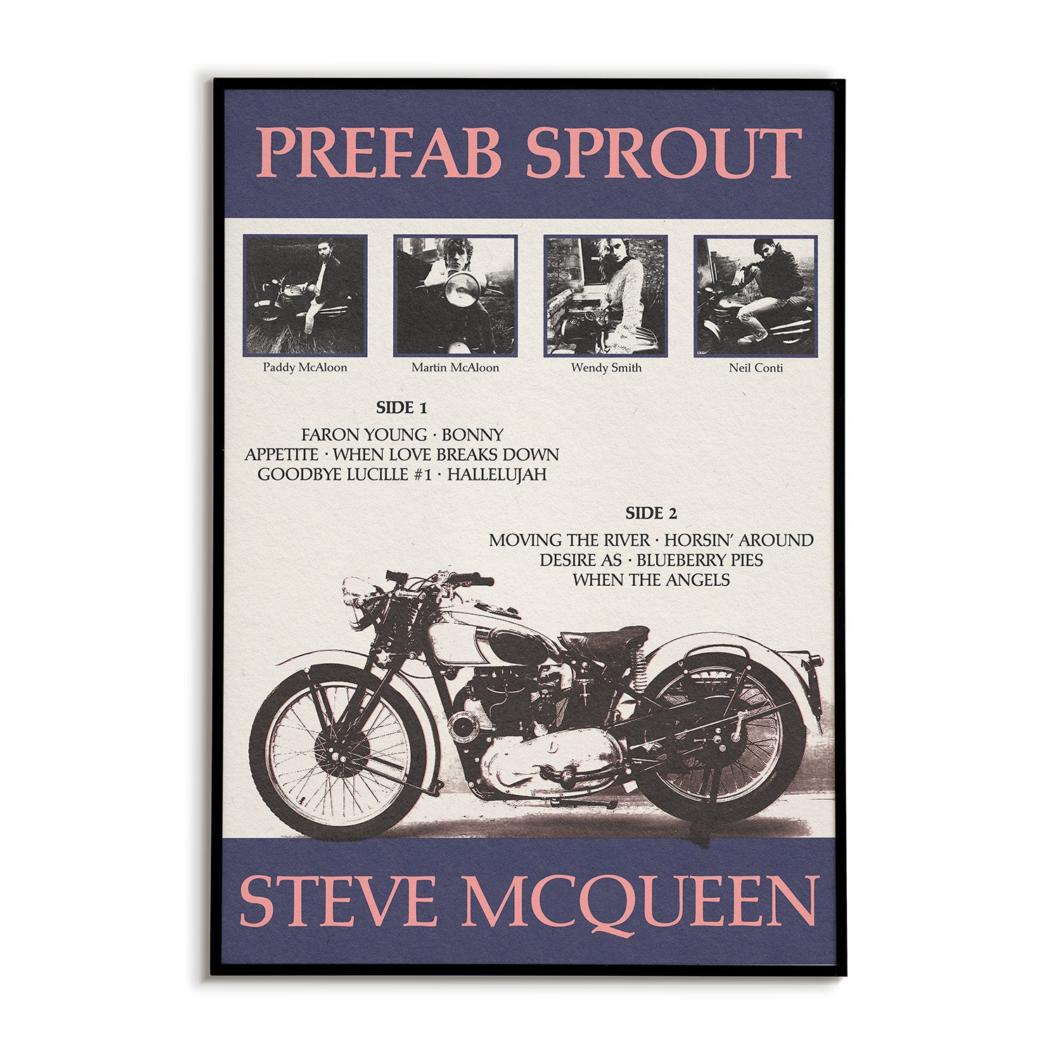 Poster for Prefab Sprout's 'Steve McQueen' with an image of a motorcycle and band members alongside the title and tracklist.