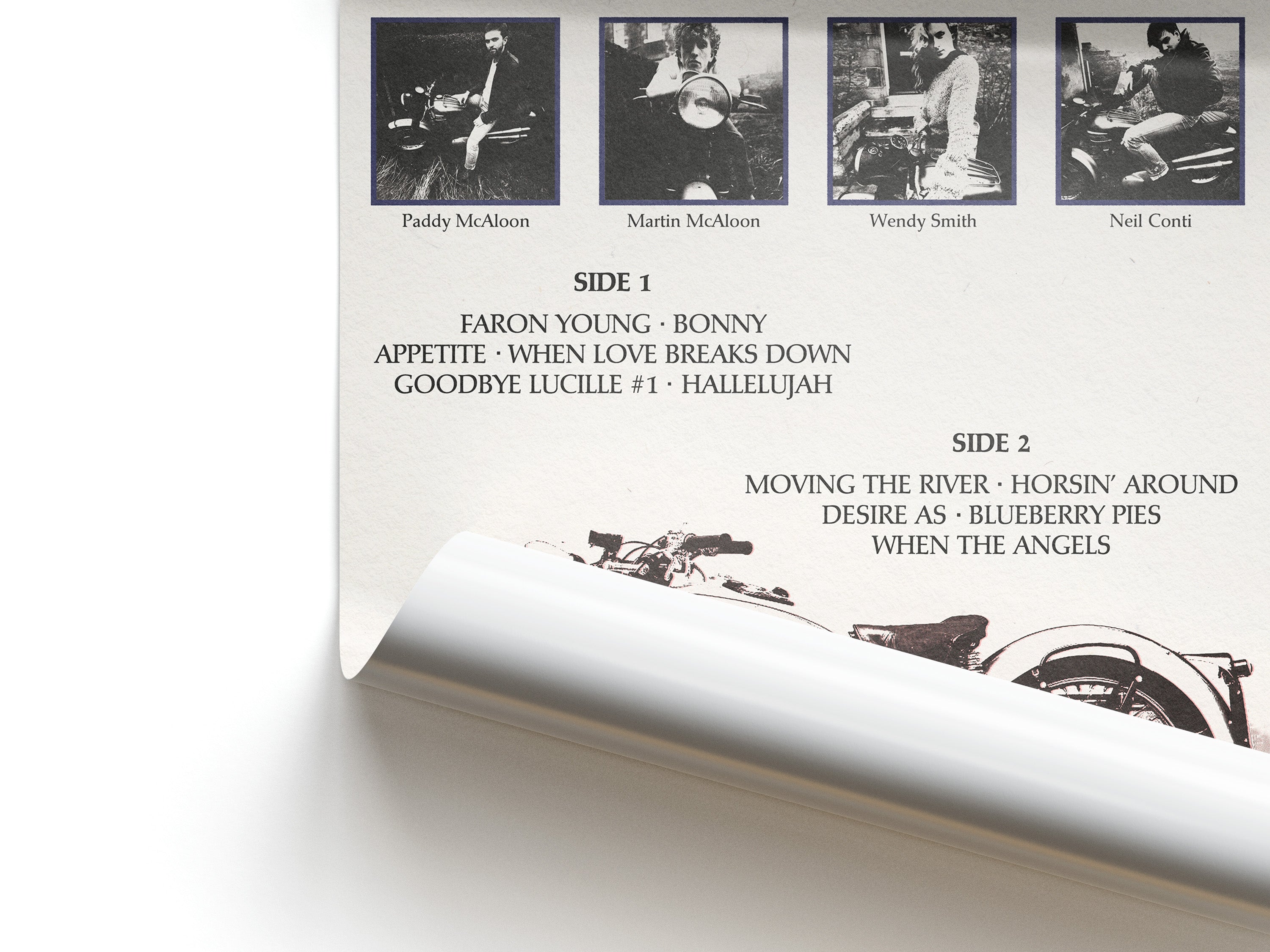 Album cover with black and white portraits and tracklist on a white background