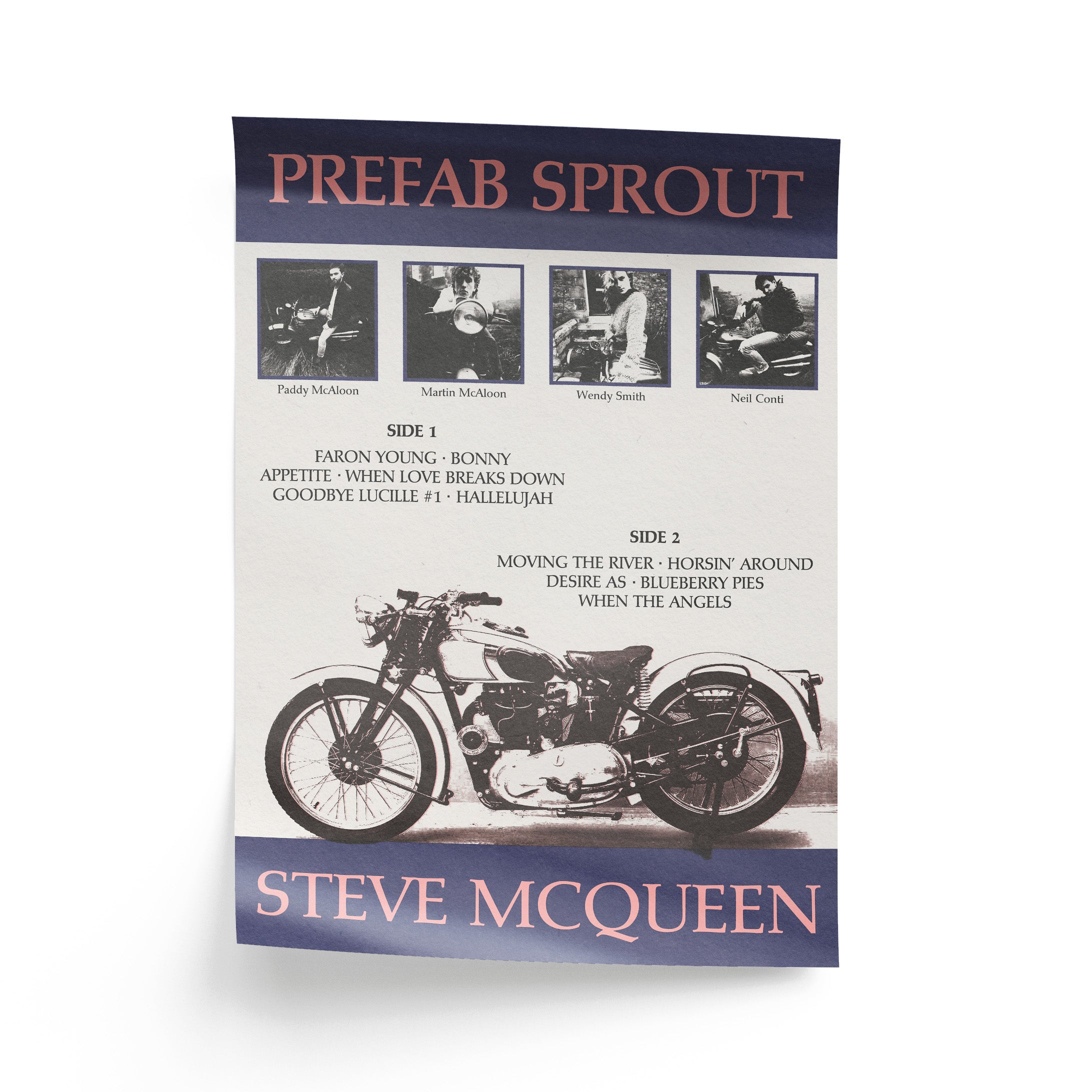 Album cover for 'Prefab Sprout' featuring a motorcycle and text