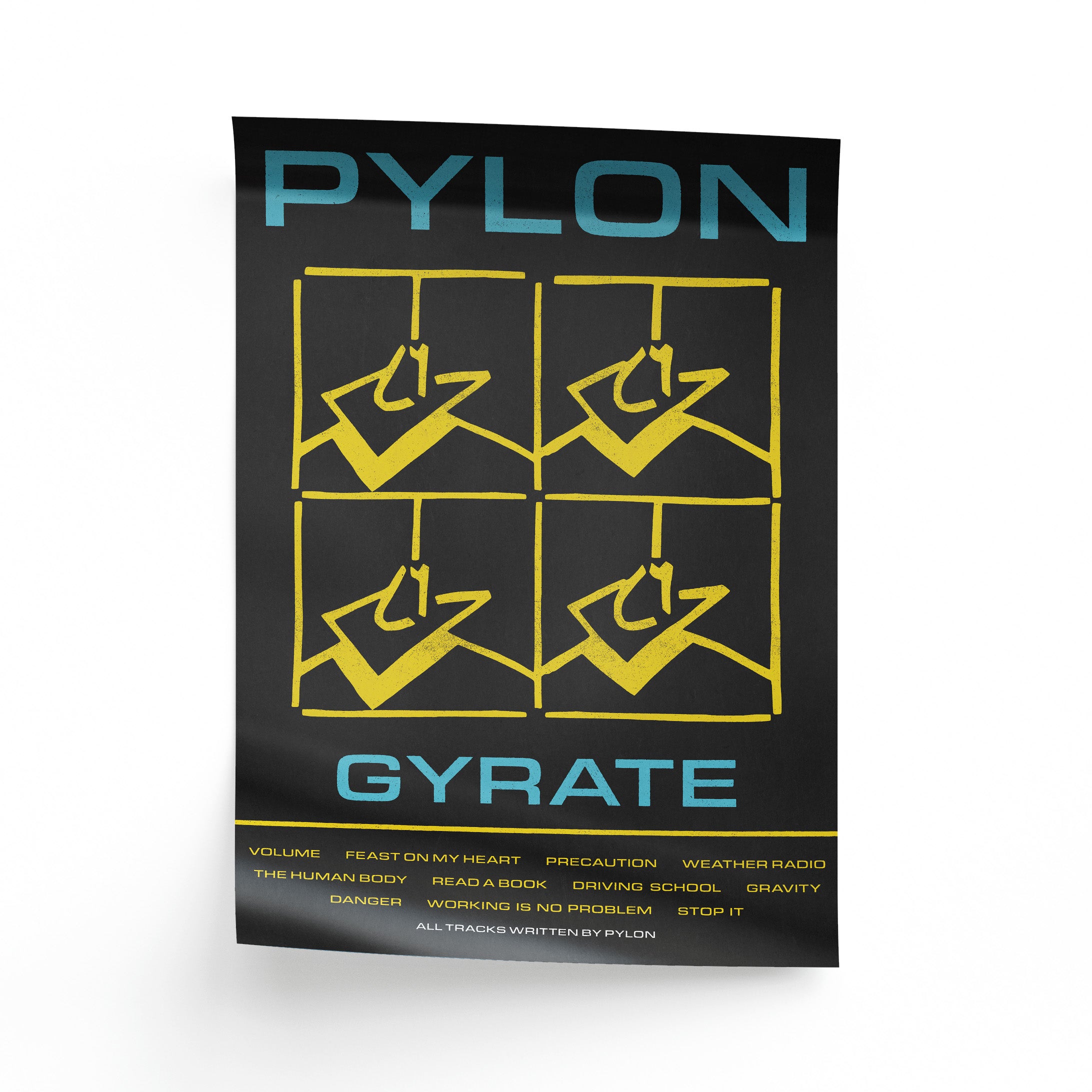 Album cover for 'Pylon Gyrate' with yellow and blue design on a black background