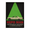 Movie poster for 'Repo Man' with a green triangle and beige car.