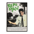 Movie poster for 'Repo Man' featuring a character hitchhiking in a white shirt and tie with a smiley face pin.