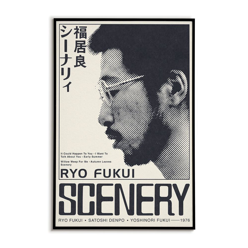 Poster for Ryo Fukui's Scenery featuring a pointillism style portrait alongside the album title and artist in english and japanese with the full track list and musician credits.