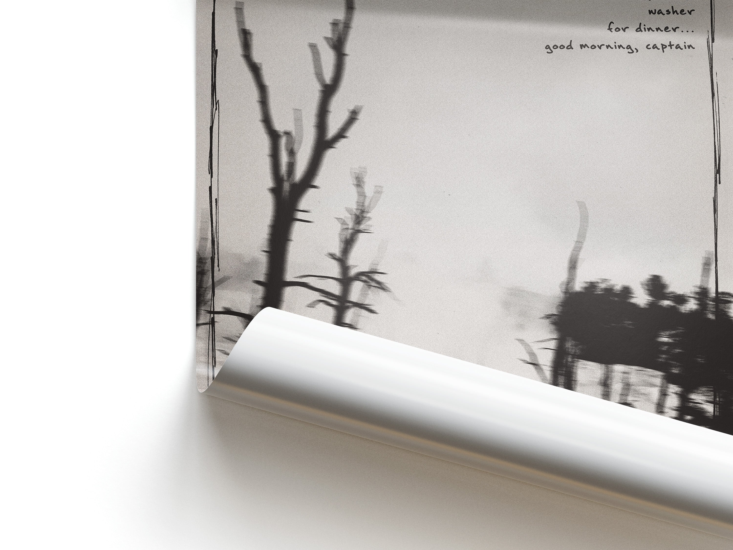 Close-up of a poster with a black and white photograph of trees on a white background