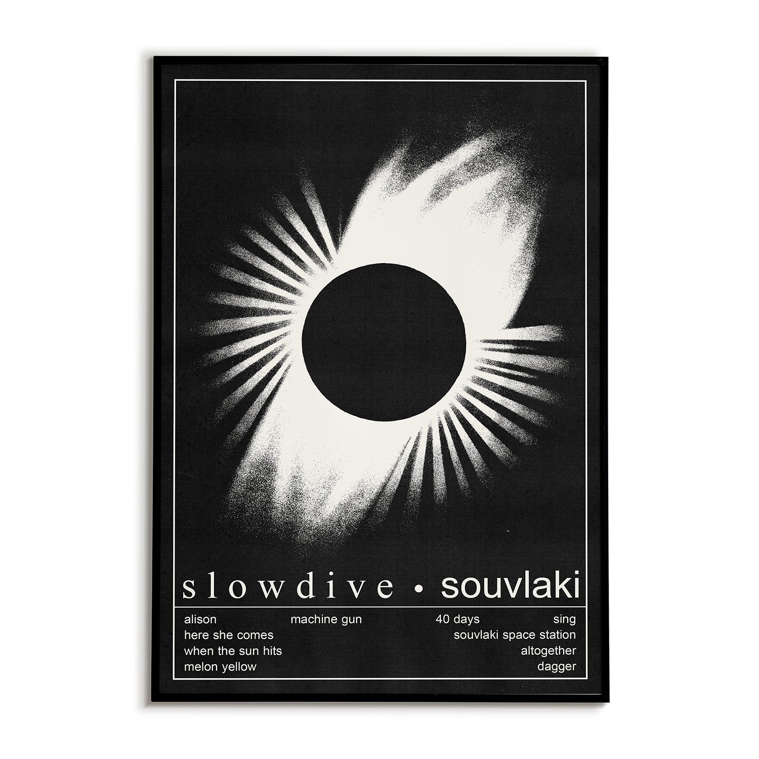 Album cover for 'souvlaki' by Slowdive with a black and white design.