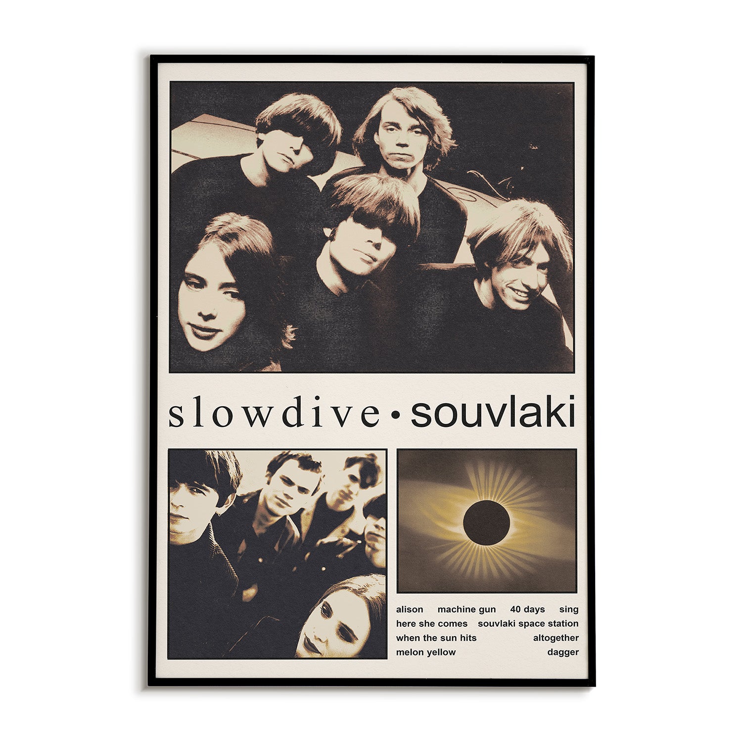 Poster of Slowdive with album cover and band members on a white background