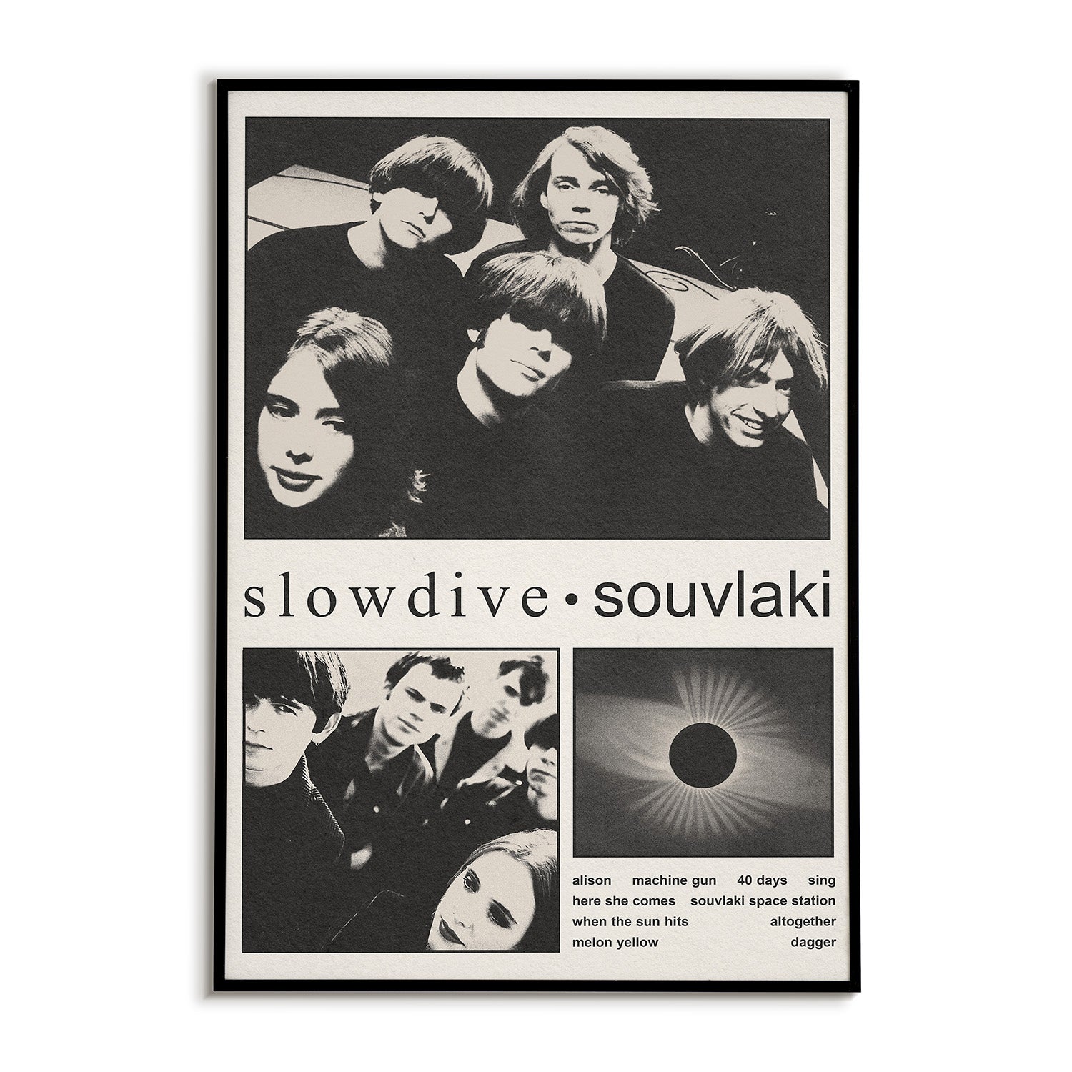 Album cover for 'slowdive souvlaki' featuring a black and white photo of a band and text.