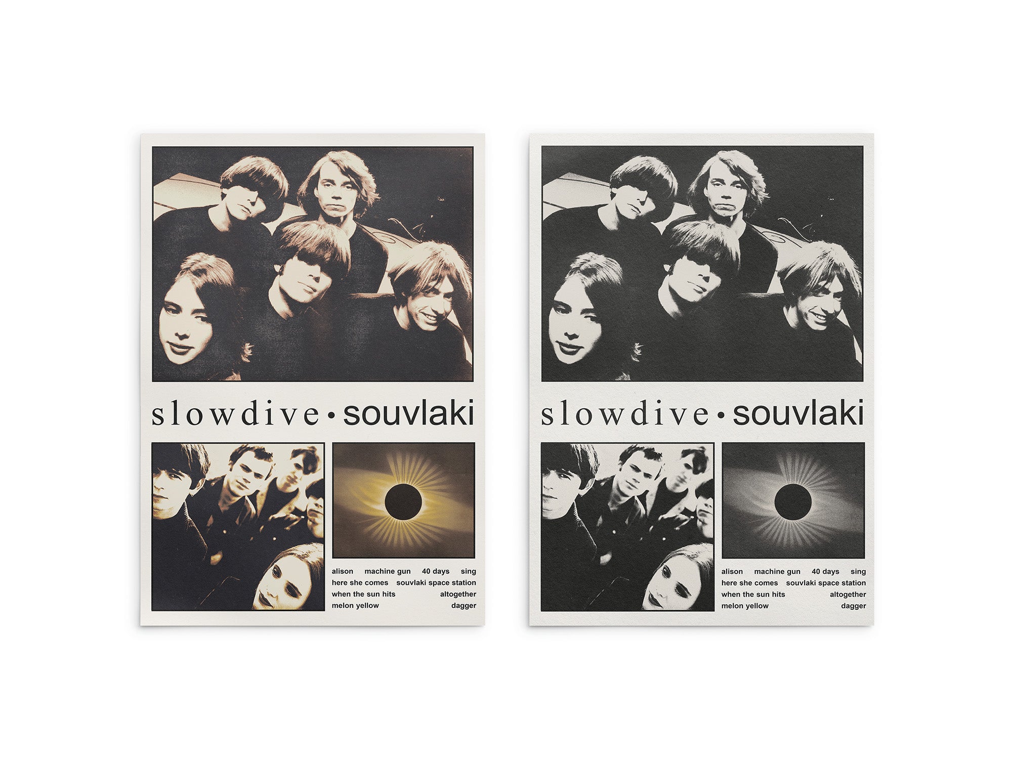 Two album covers for 'slowdive souvlaki' featuring a black and white photo of a band on a white background.