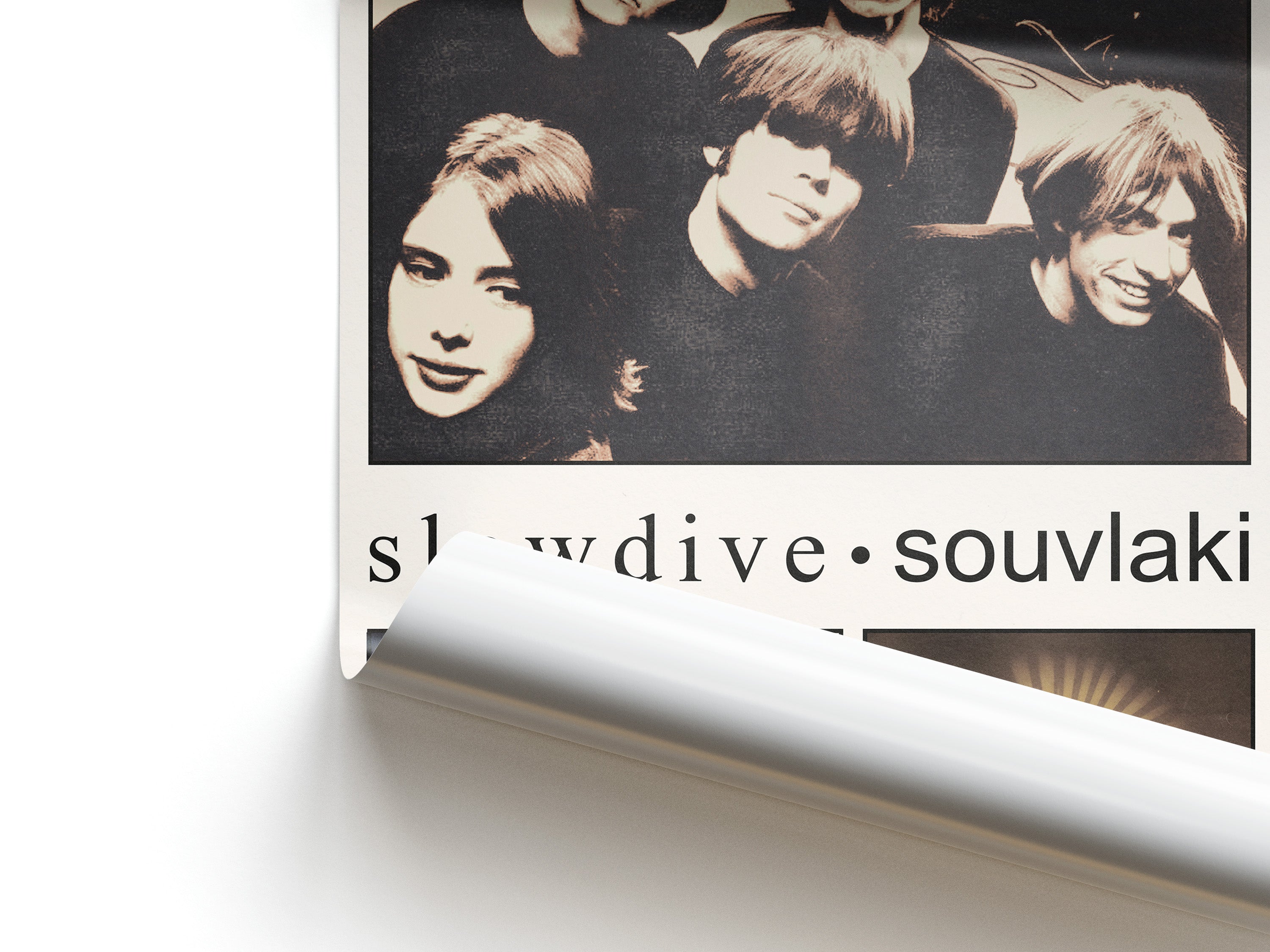 Album cover with a band's portrait and text 'slowdive souvlaki' on a white background
