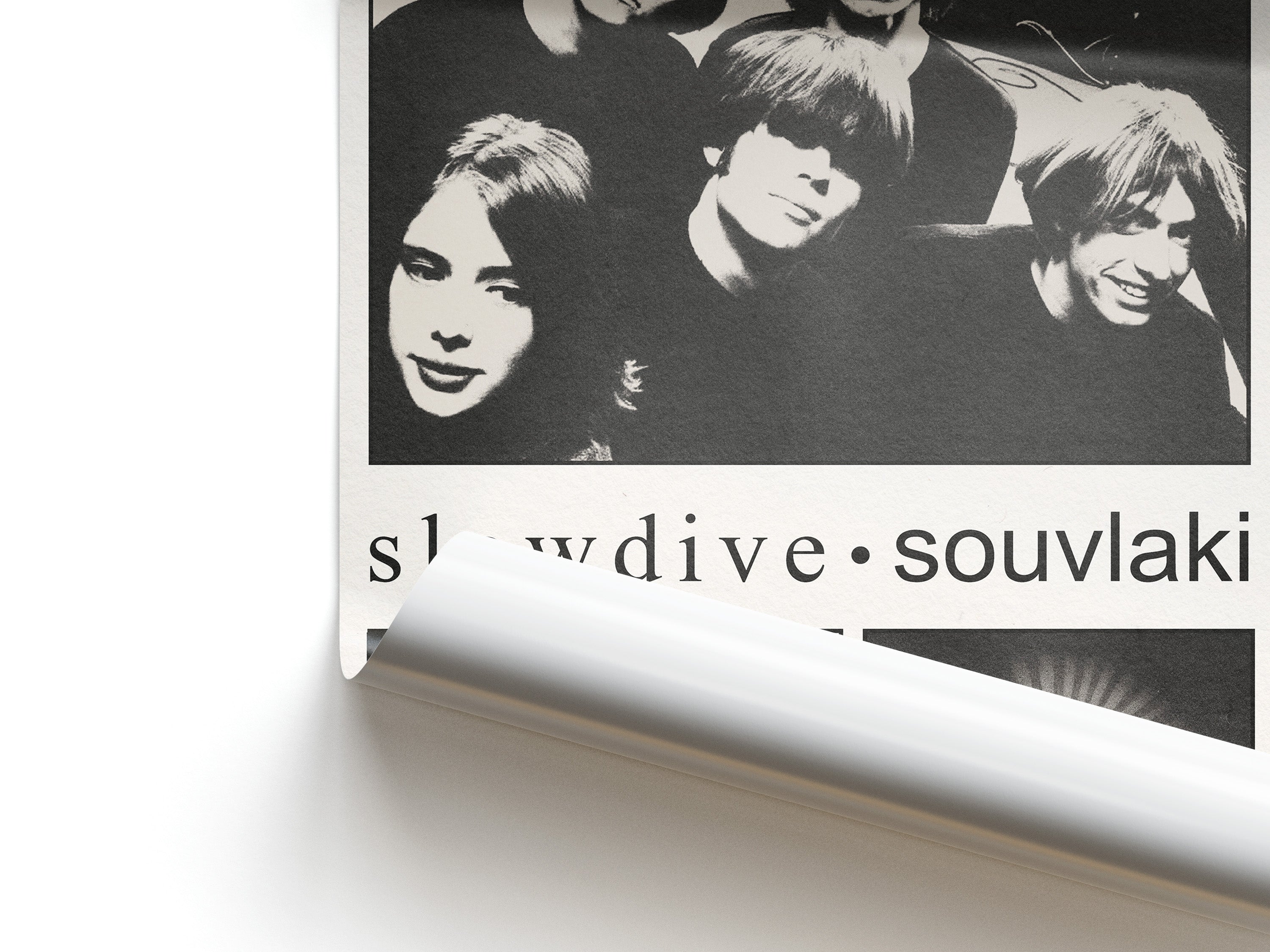 Album cover with a band's portrait and text 'slowdive souvlaki' on a white background