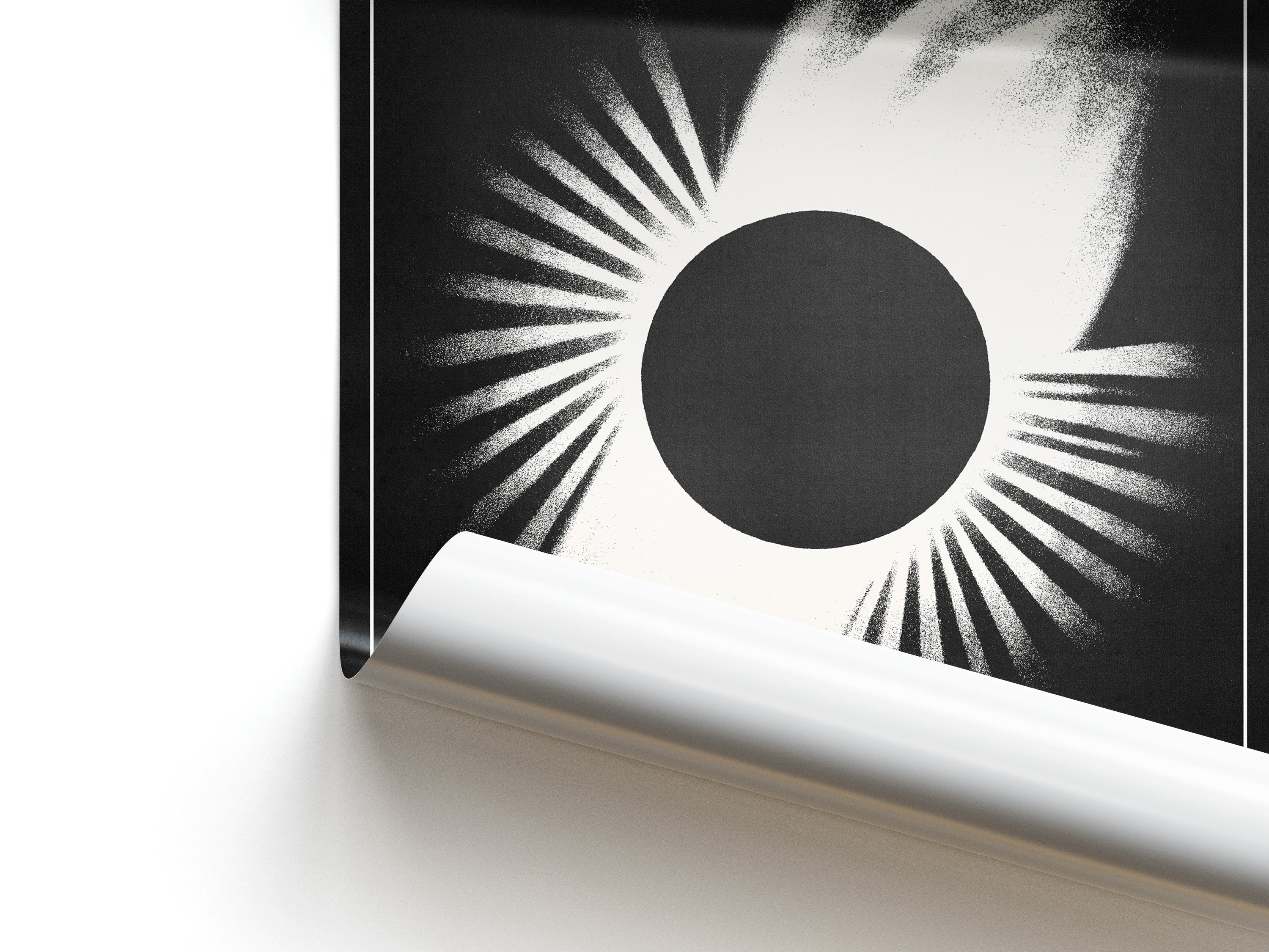 Black and white abstract design with a central circle and radiating lines on a white background