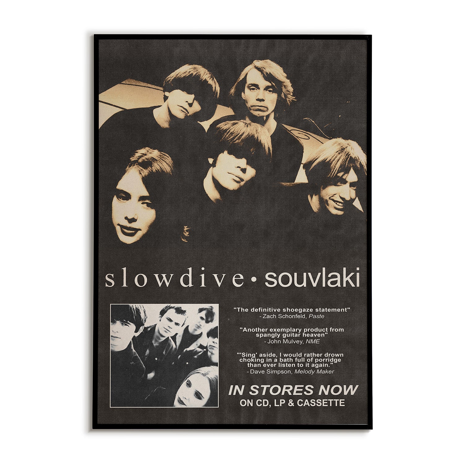Promotional poster for Slowdive's 'Souvlaki' album with band members and text.