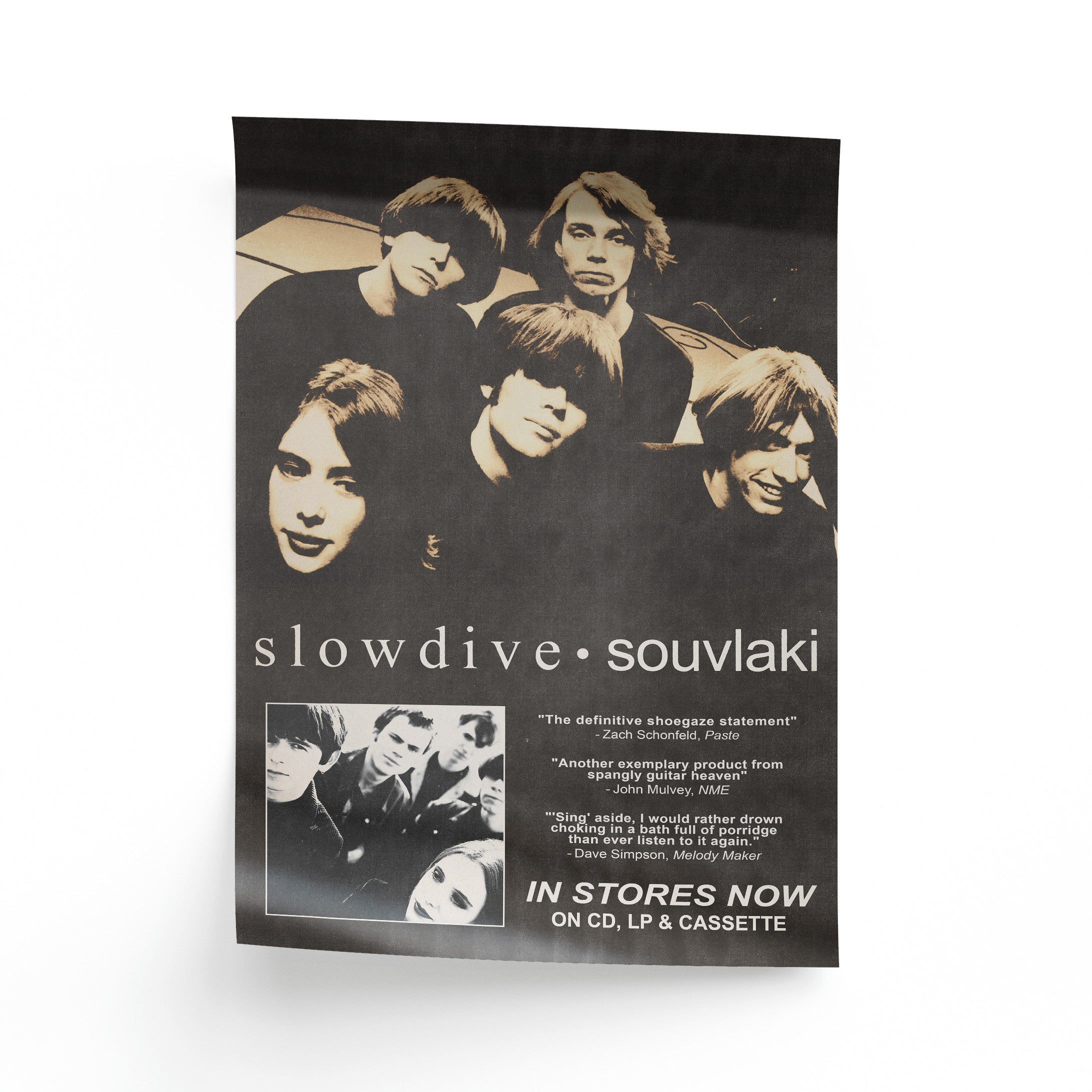 Promotional poster for Slowdive's 'Souvlaki' album with band members' faces.