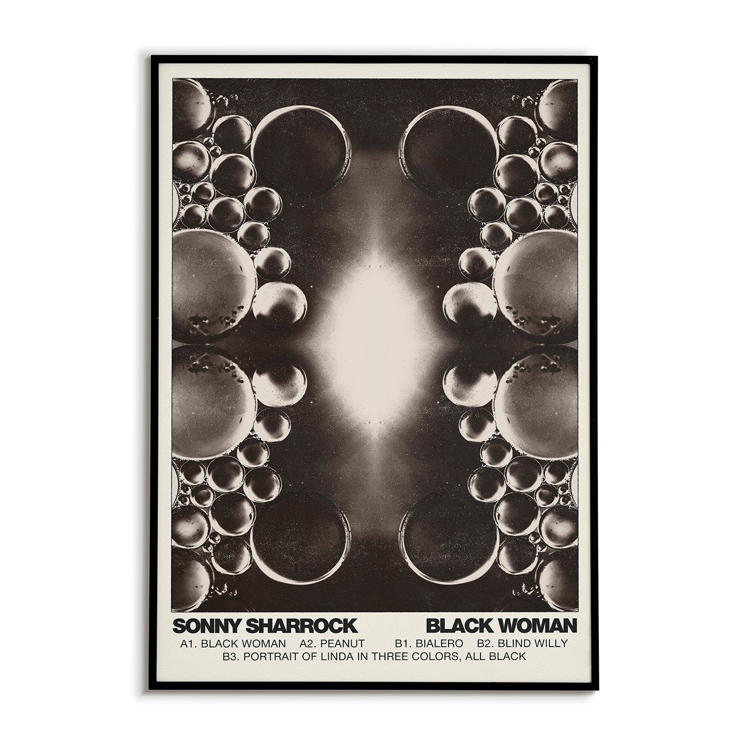 Album cover with black and white bubbles and text on a white background