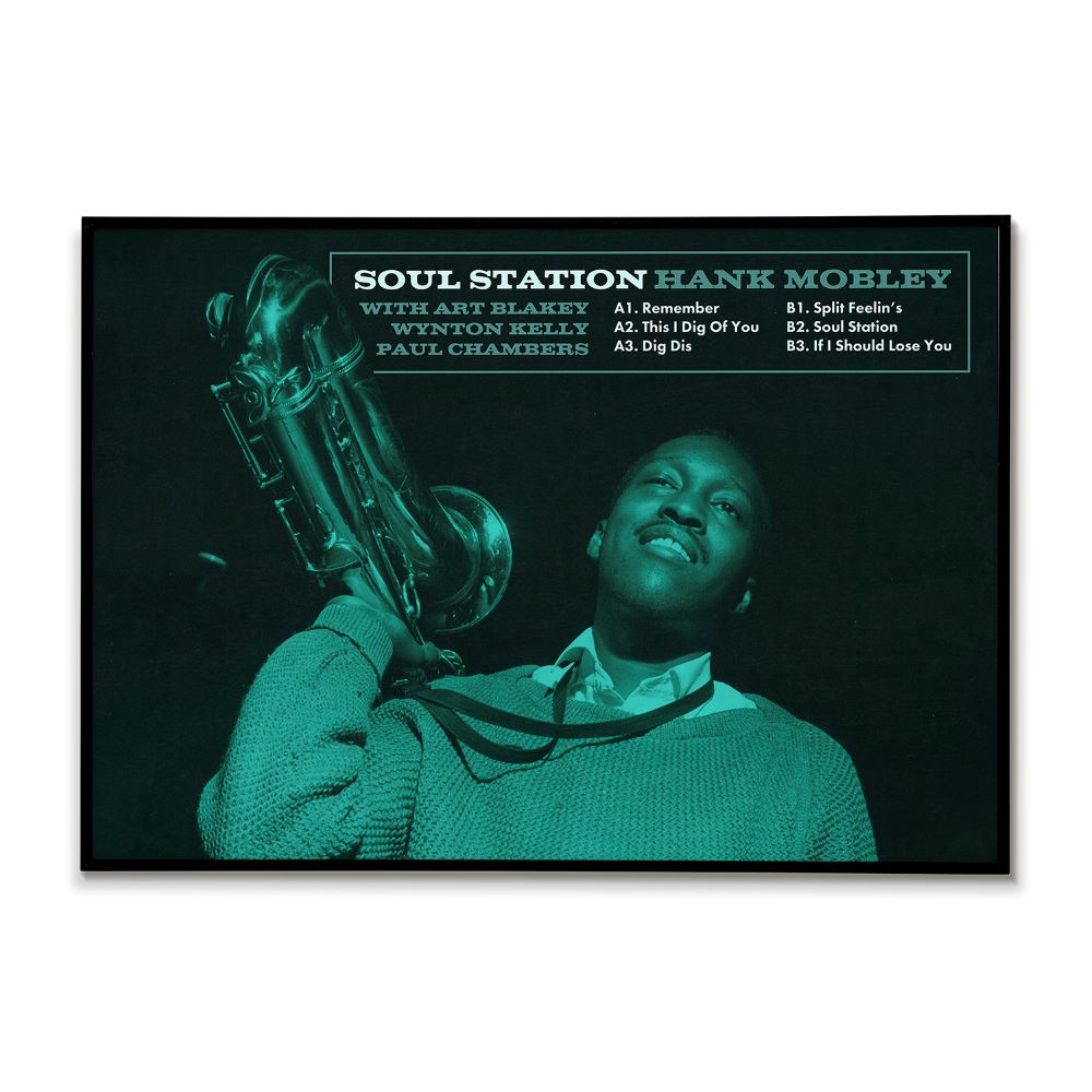Album cover with a musician holding a saxophone, featuring text about 'Soul Station' by Hank Mobley.