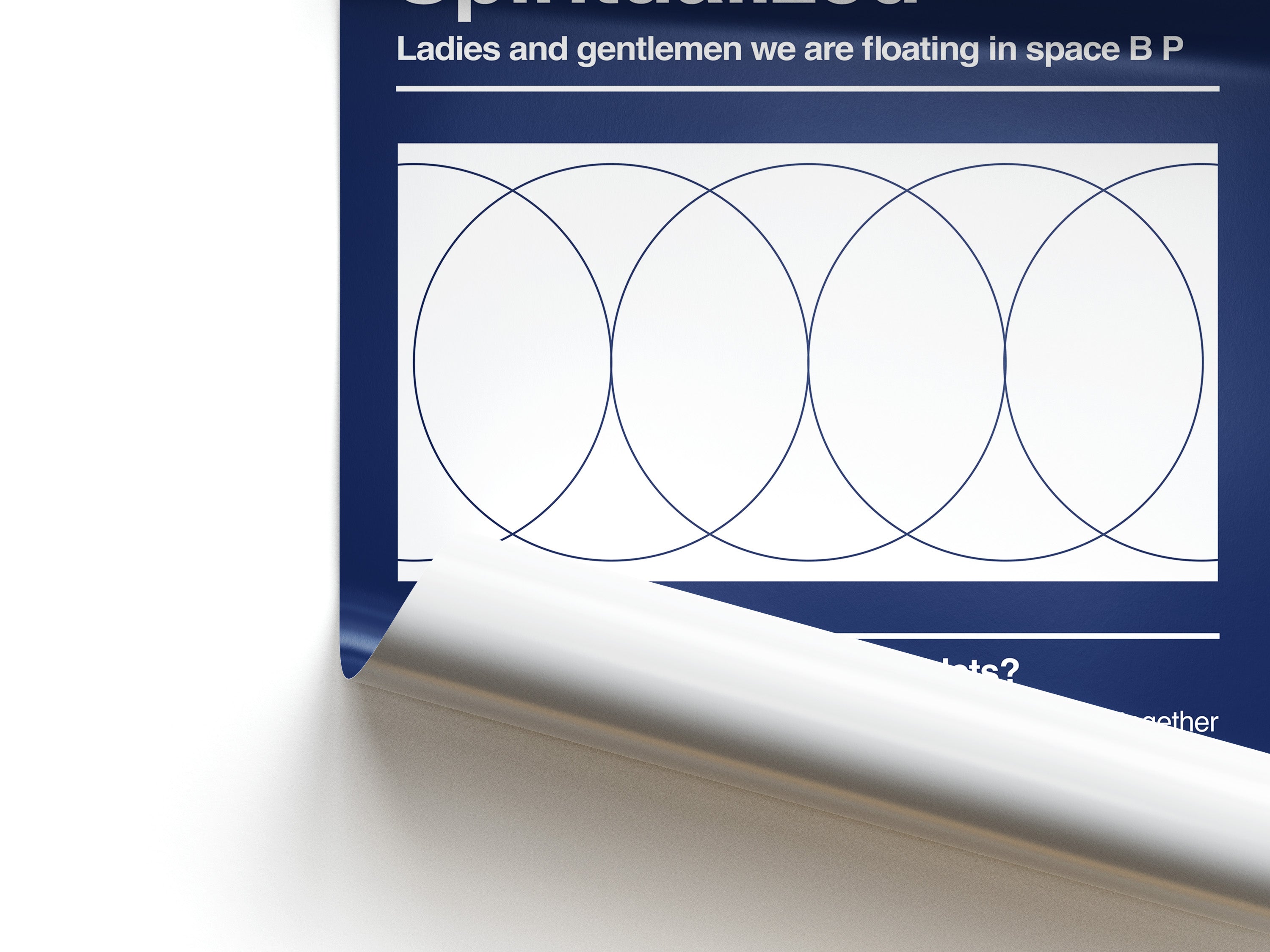 Poster with text 'Ladies and gentlemen we are floating in space B P' and diagram of three overlapping circles on a white background.