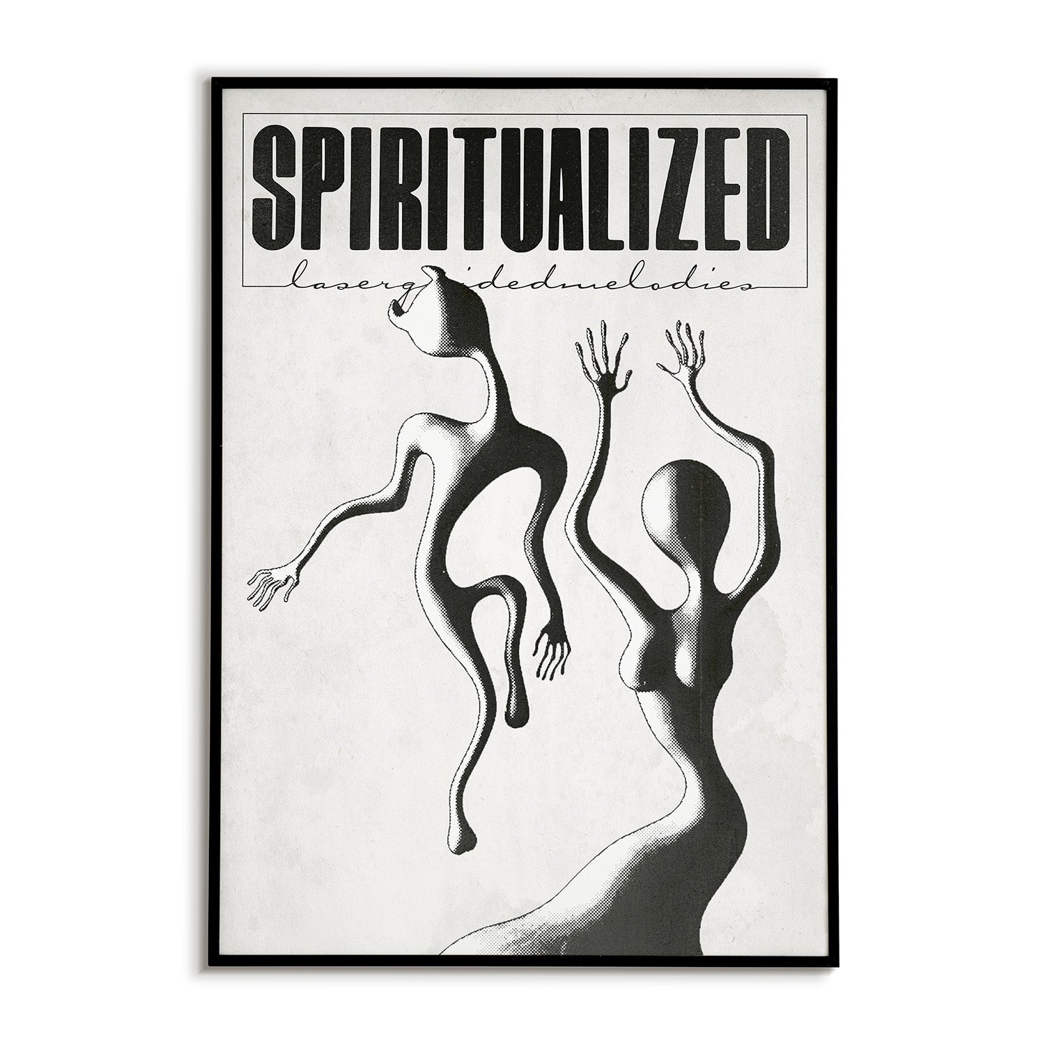 Framed album cover with abstract figures and 'Spiritualized' text on a white background