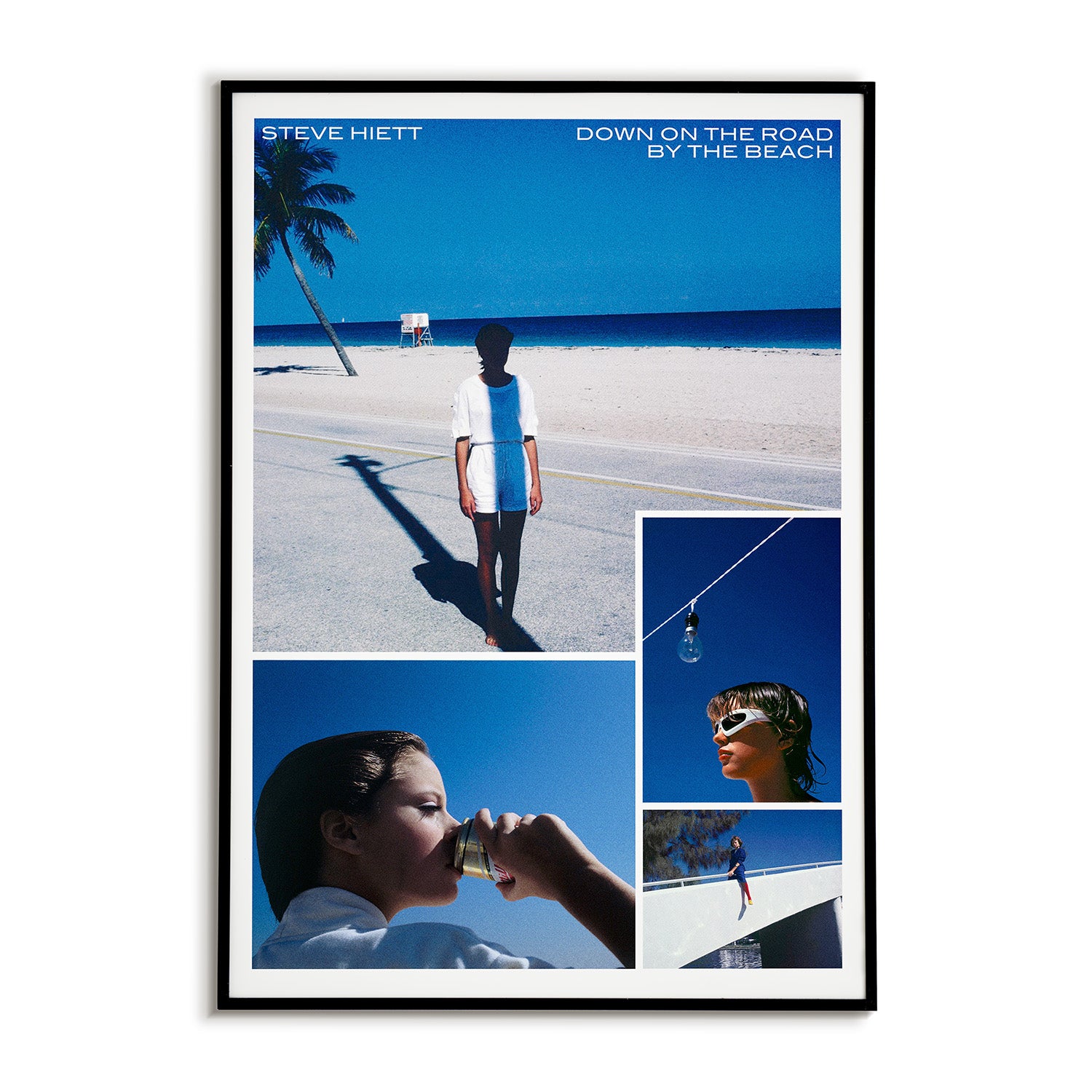 Framed album cover with a person by the beach and close-up shots, featuring the text 'Steve Hiett' and 'Down on the Road by the Beach'.