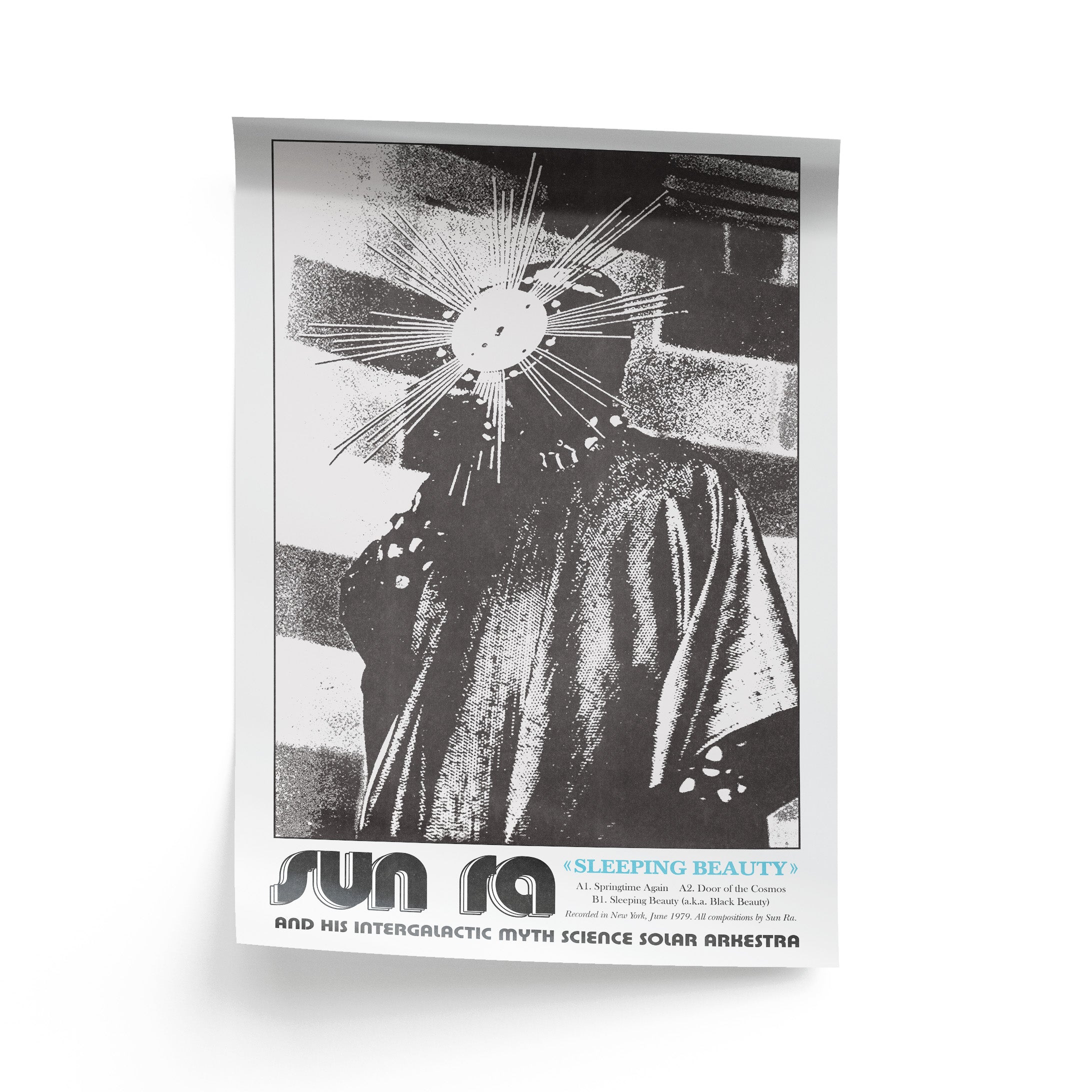 Poster featuring a black and white illustration of a figure with a headpiece, text 'Sun Ra' and 'Sleeping Beauty'.