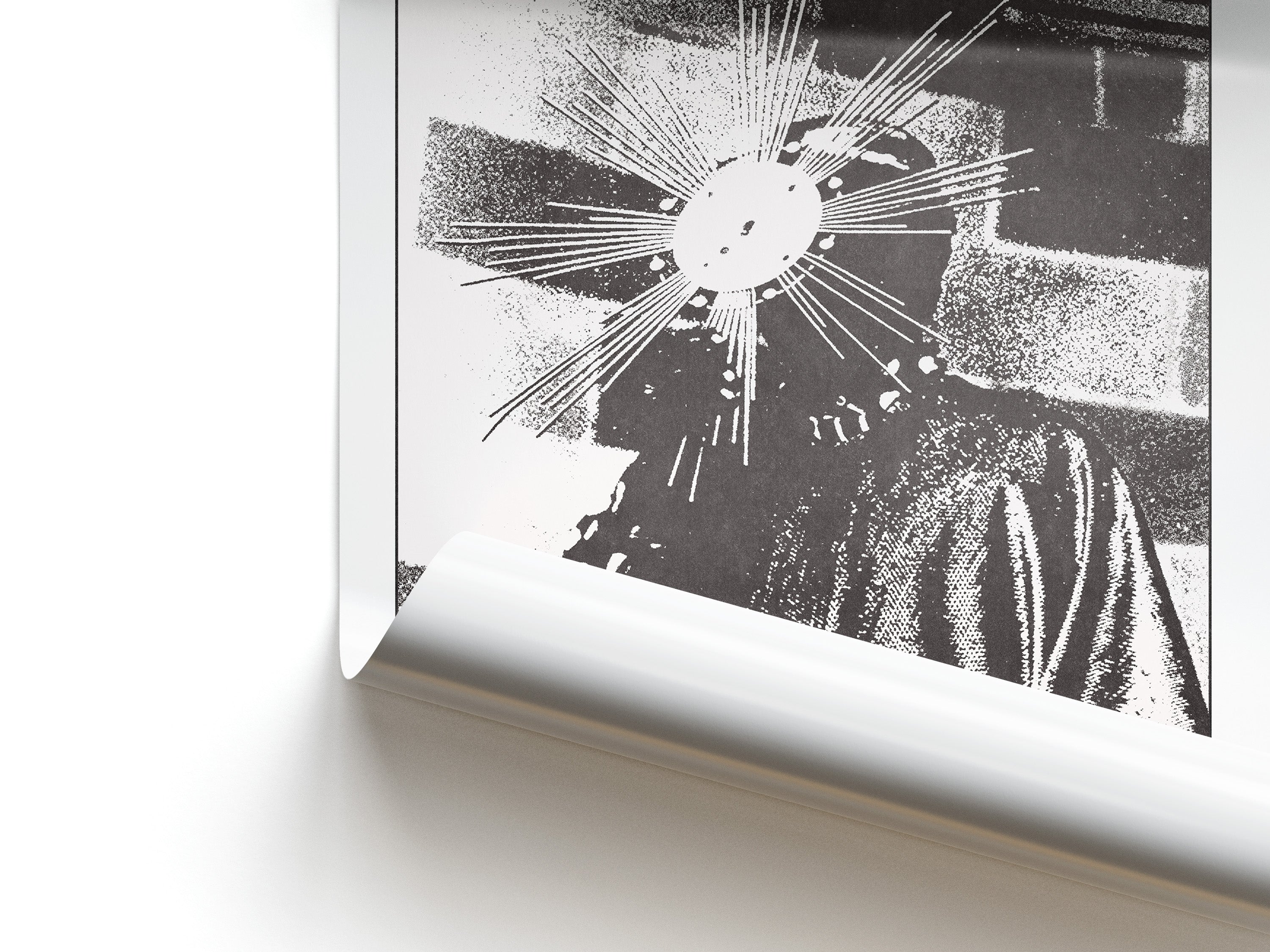 Close-up of a black and white abstract art print on a white background