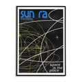 Poster with 'Sun Ra & his Arkestra' and 'space is the place' text on a black background with abstract lines.