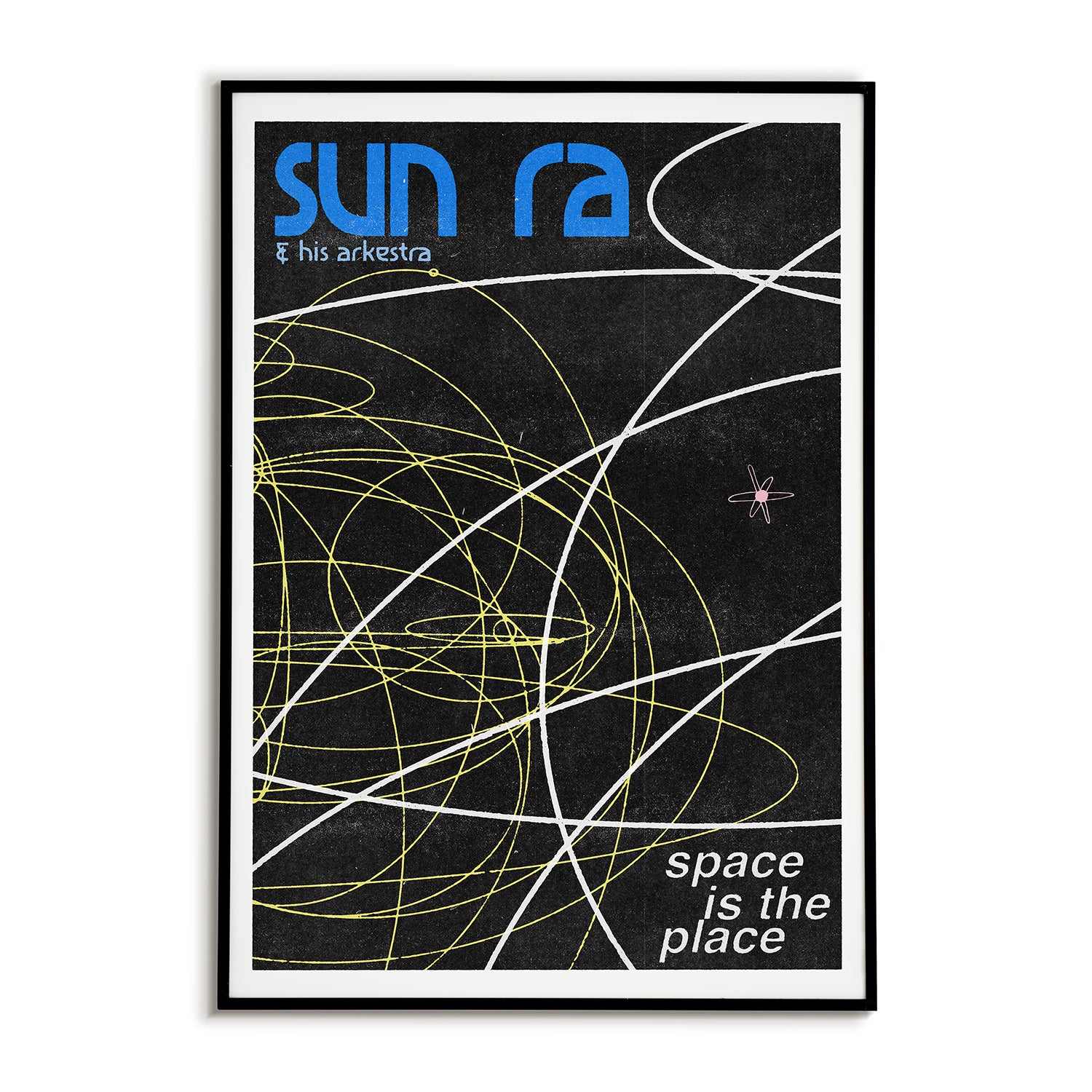 Poster with 'Sun Ra & his Arkestra' and 'space is the place' text on a black background with abstract lines.