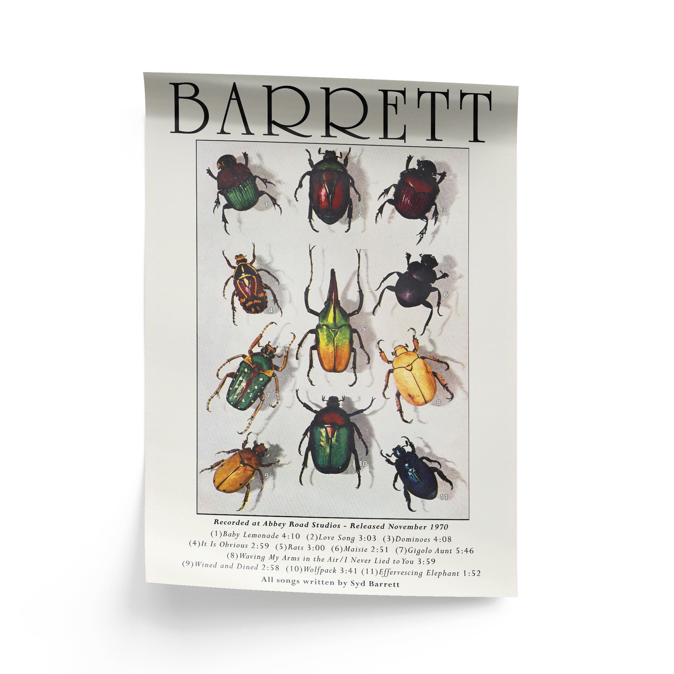Album cover with beetles and 'Barrett' text on a white background