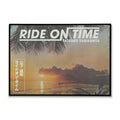 Artwork with sunset over water and palm leaves, featuring the text 'Ride on Time' by Tatsuro Yamashita. Features a block of Japanese text in the bottom left corner and record label logo in the bottom right.