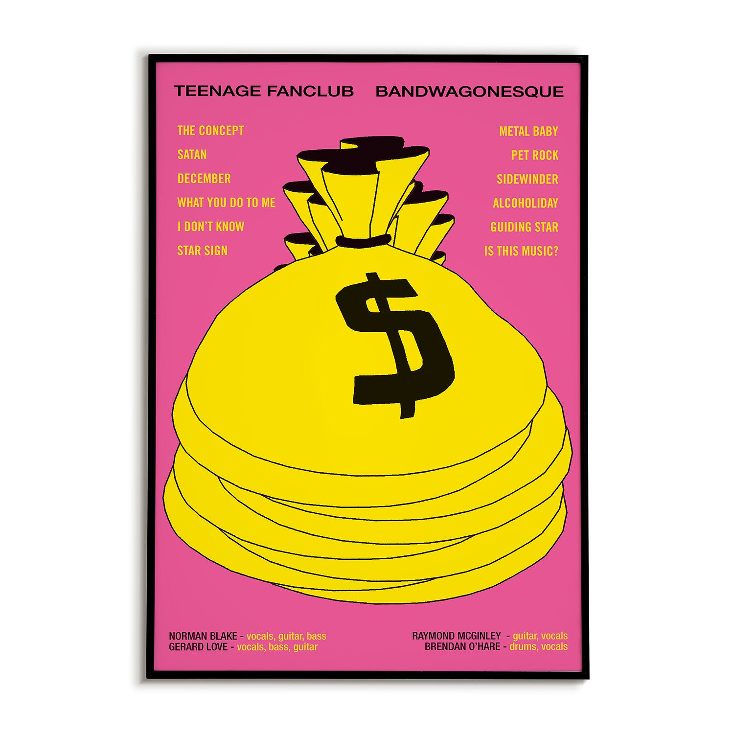 Poster with a yellow bag with a dollar sign on a pink background, featuring text and graphics related to 'Teenage Fan Club Bandwagonesque'.