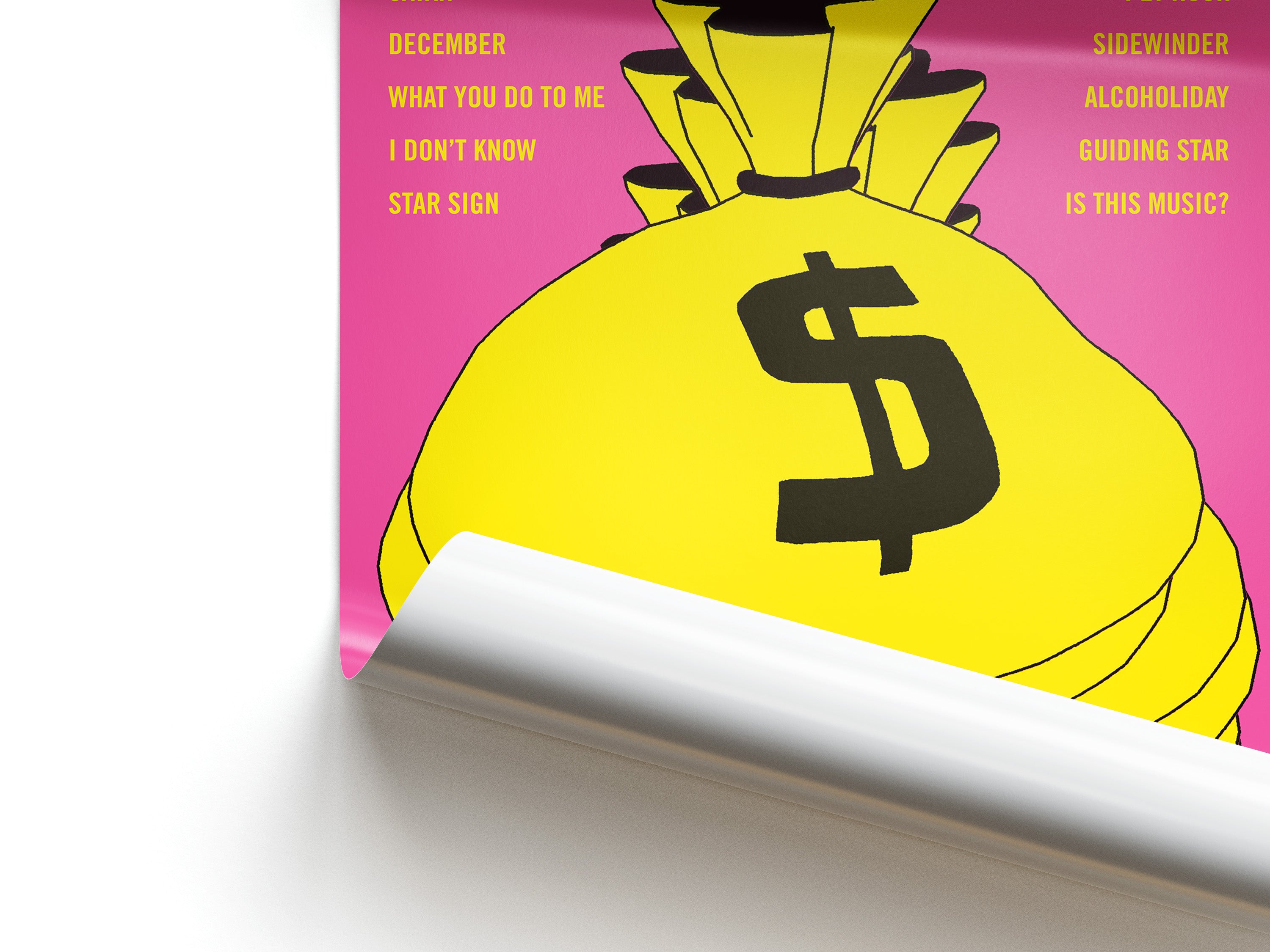 Yellow bag with dollar sign on a pink background with text