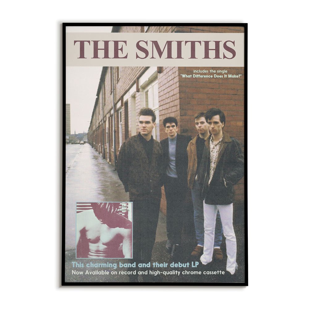 Poster of The Smiths band with brick building and rain on street