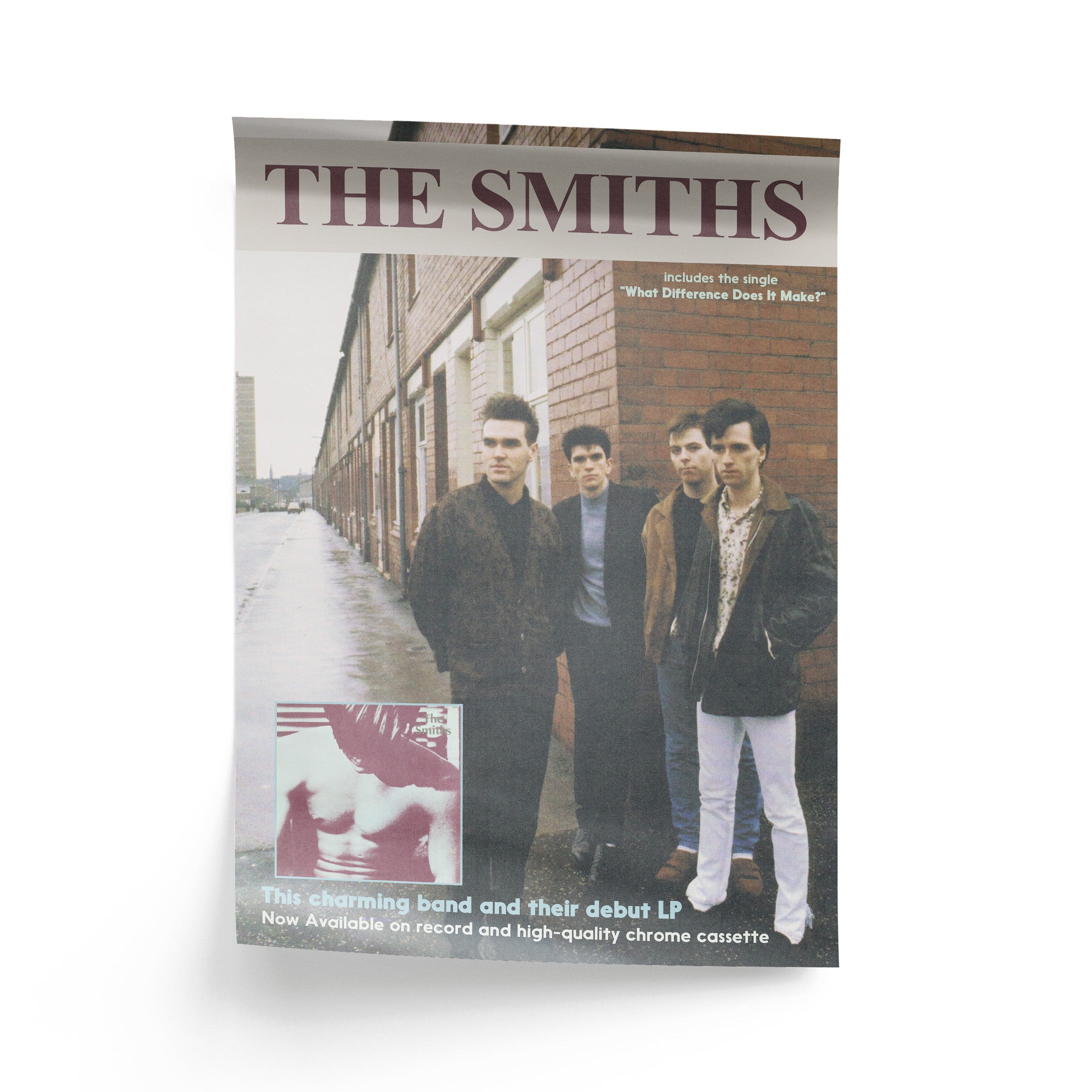 Poster of The Smiths with four band members on a street, featuring text about their debut album.