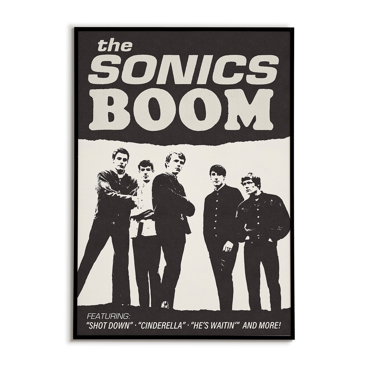 Poster of a band with 'the Sonics Boom' text and band members in black and white.
