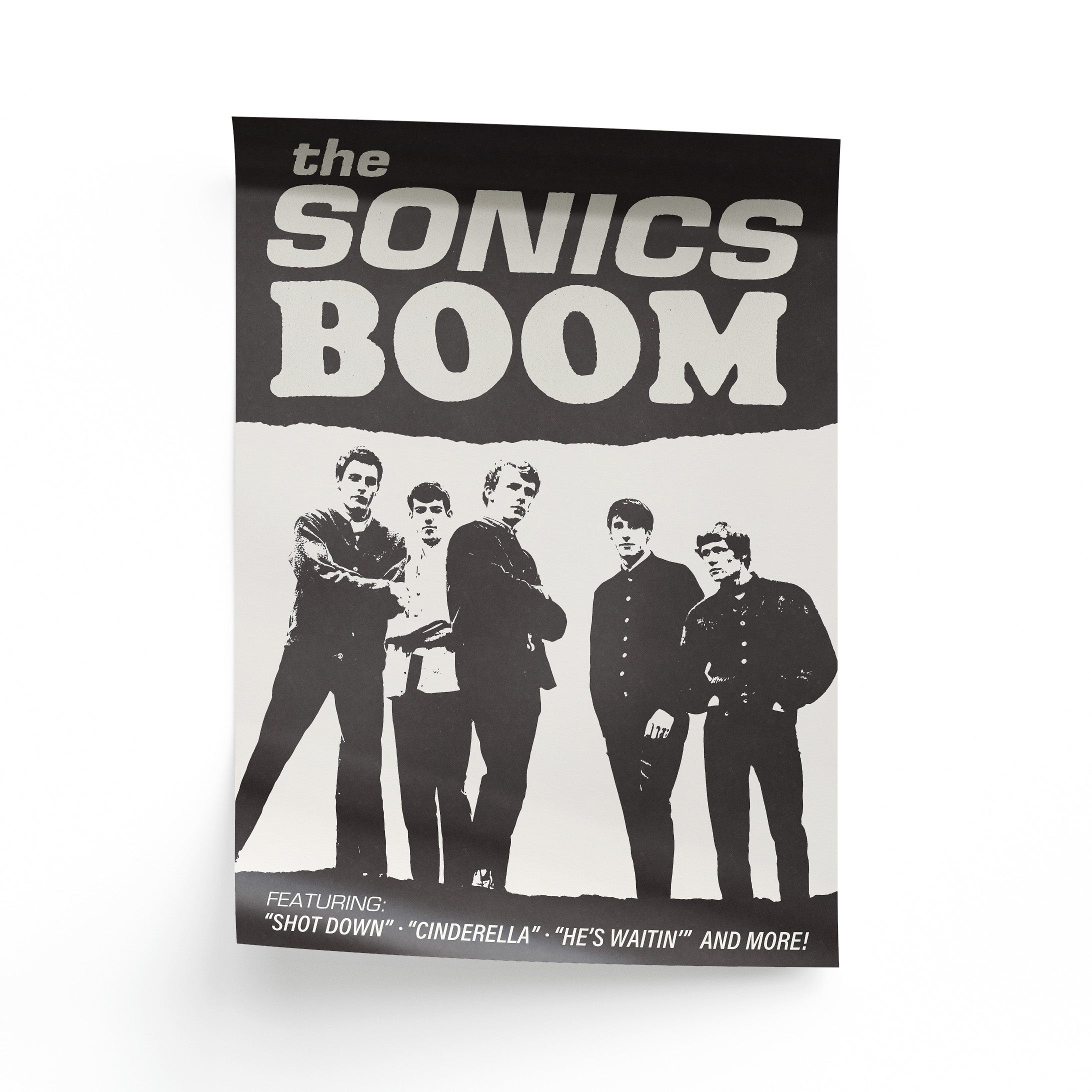 Poster of 'The Sonics Boom' with band members and album tracklist on a white background