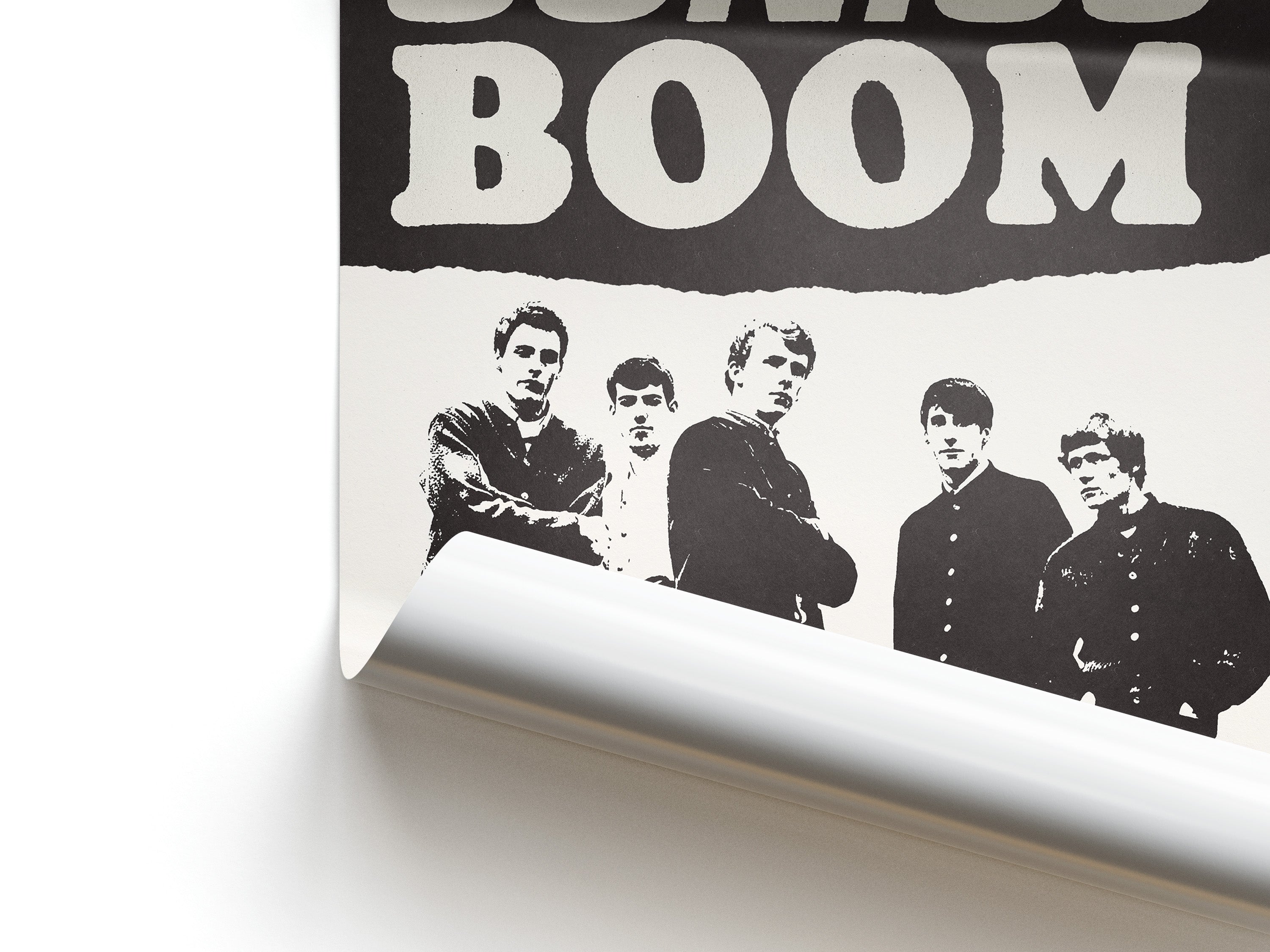 Poster with 'Squidgie Boom' text and black and white illustration of five people on a white background.