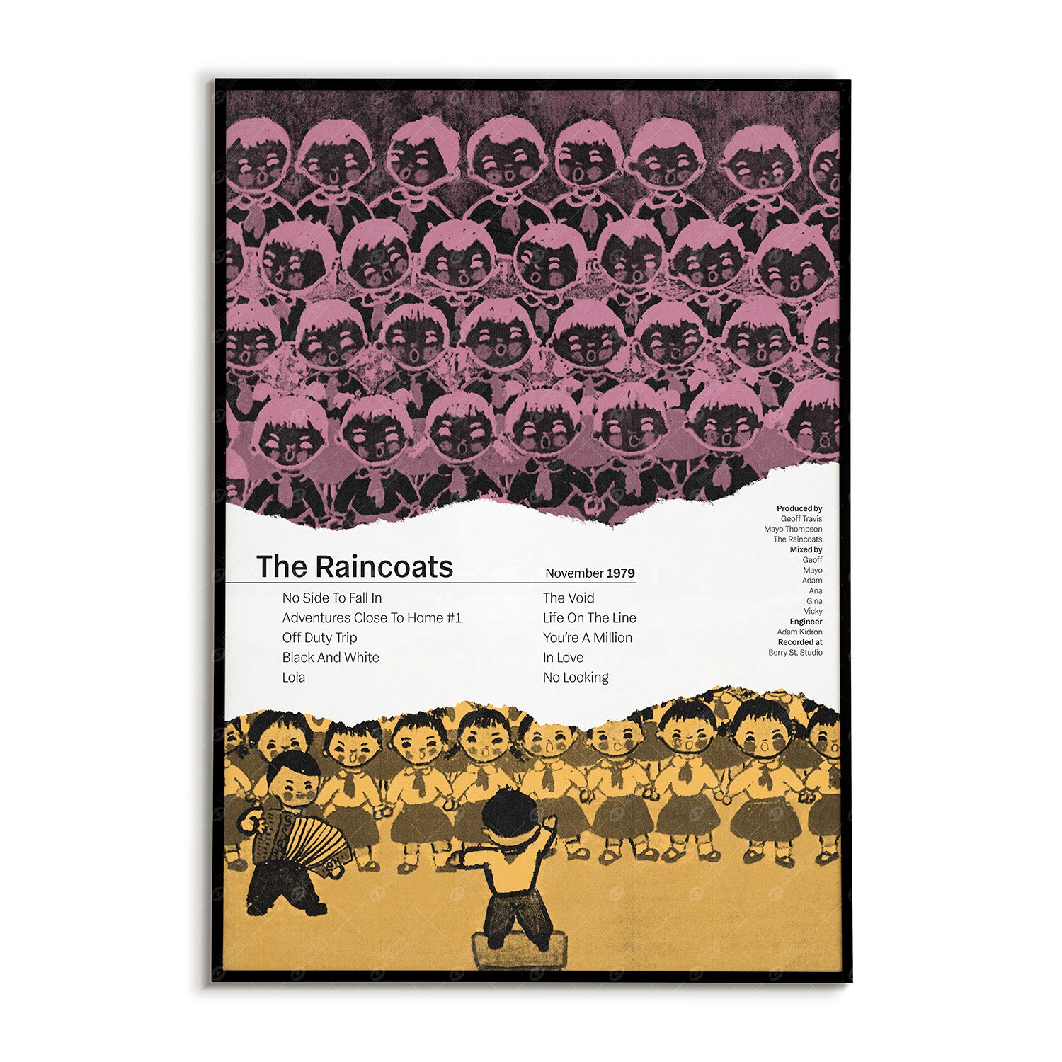 Vintage The Raincoats band poster featuring 1979 album artwork and production credits and recording information.
