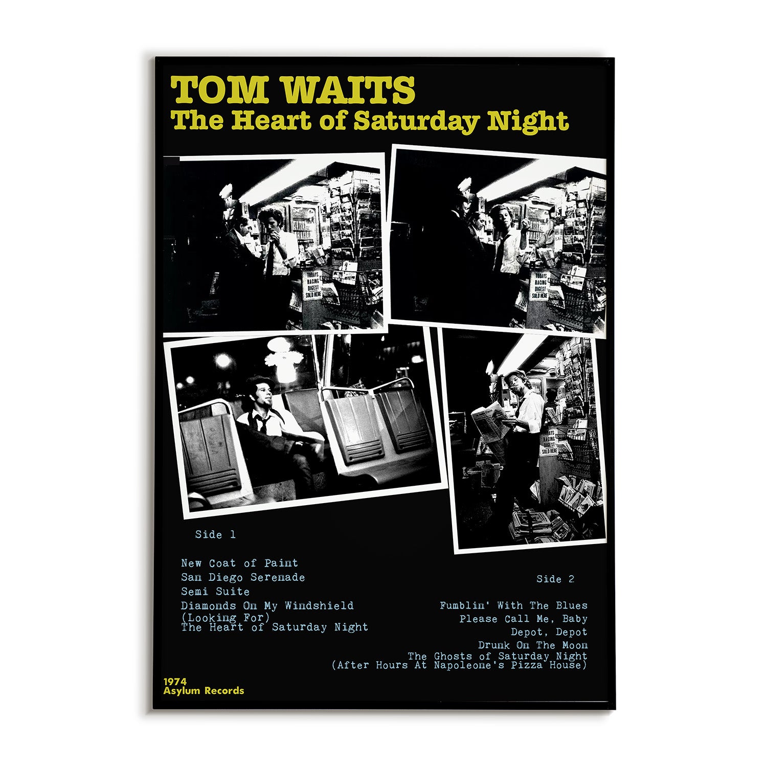 Album cover for 'The Heart of Saturday Night' by Tom Waits with black and white photos and yellow text.