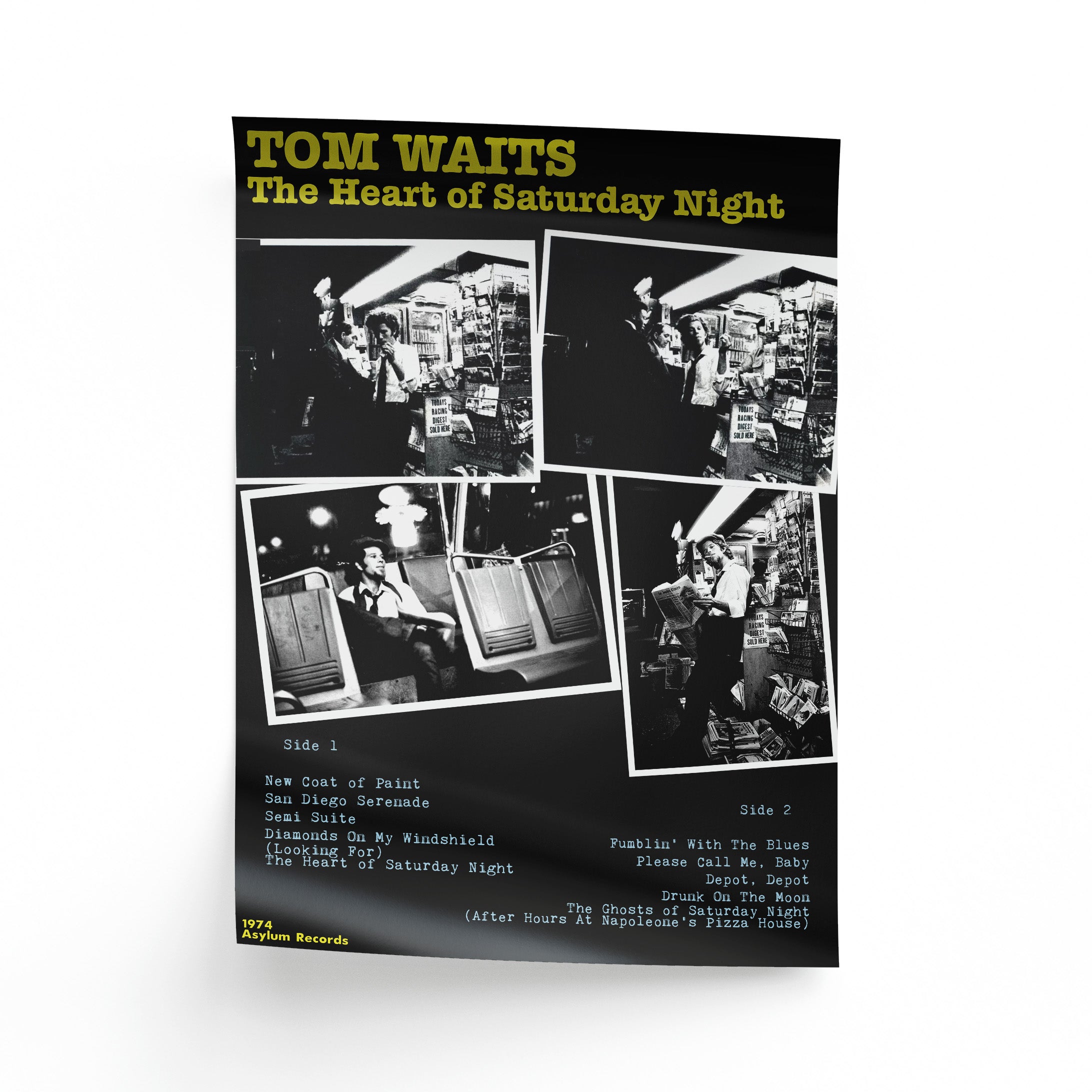 Album cover of 'The Heart of Saturday Night' by Tom Waits with black and white photos and text.