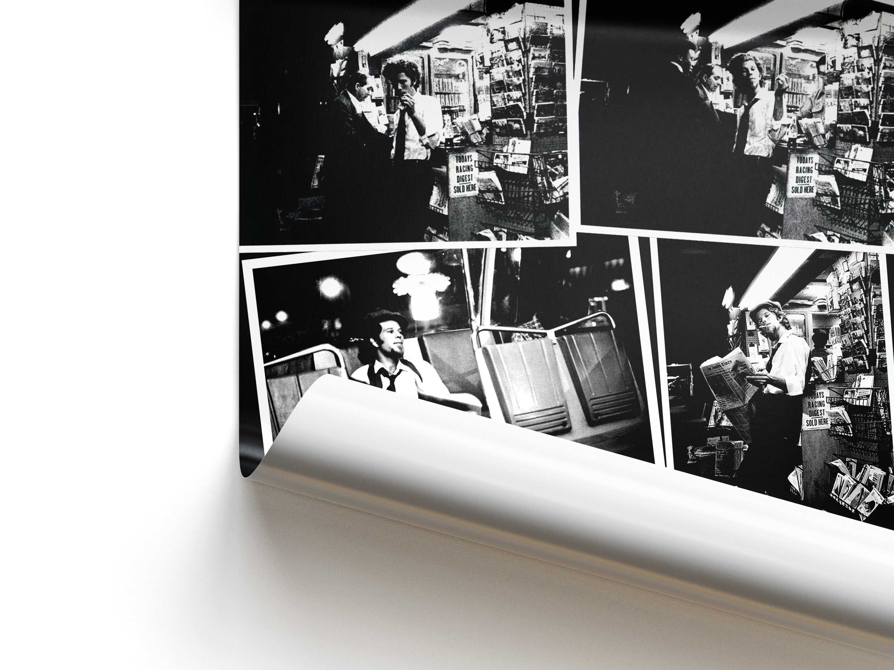 Collage of black and white photos on a white surface