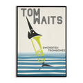Poster of Tom Waits with a midcentury style swordfish trombone design on a striped background